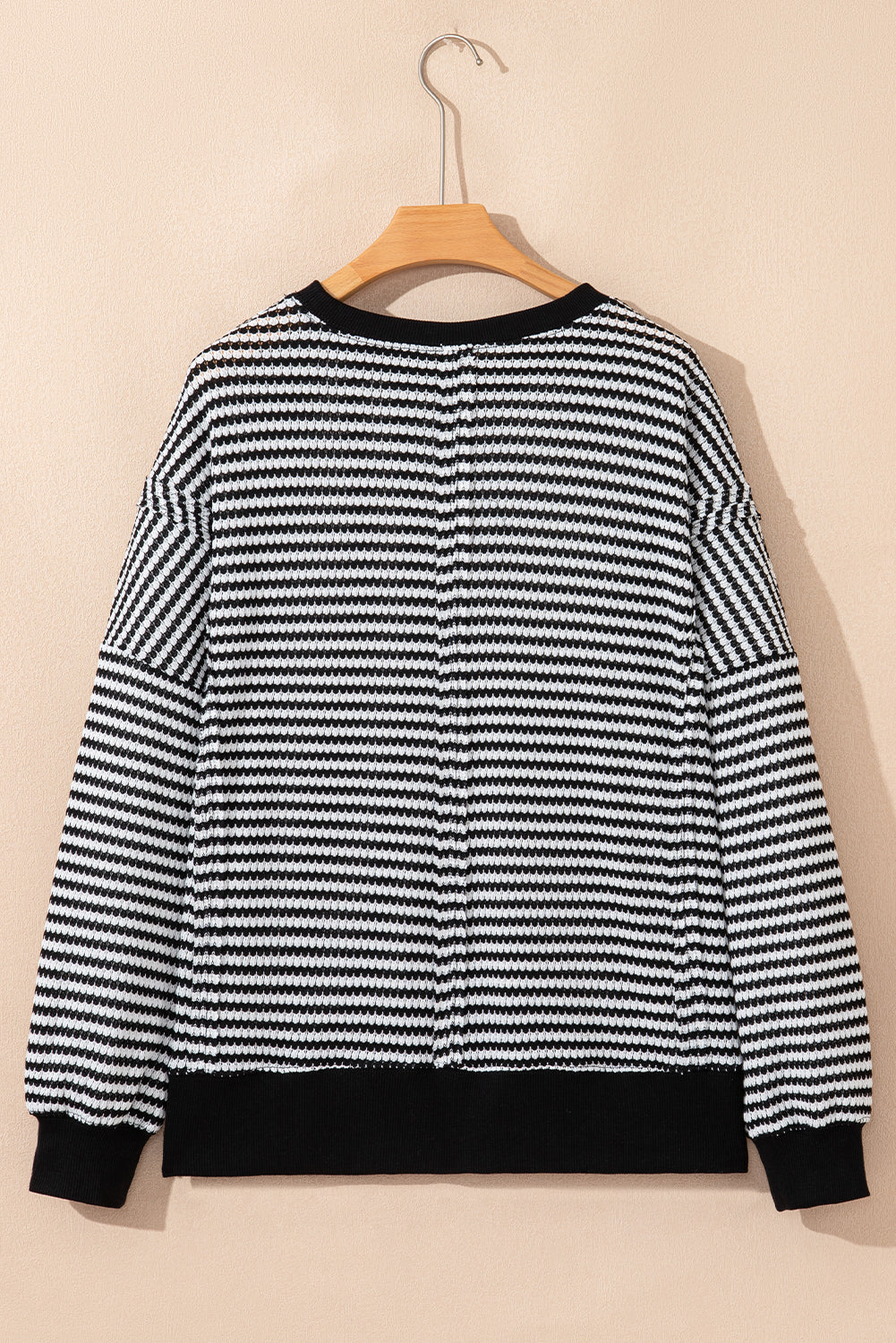 Stripe Ribbed Trim Drop Shoulder Long Sleeve Oversize Top - eAura