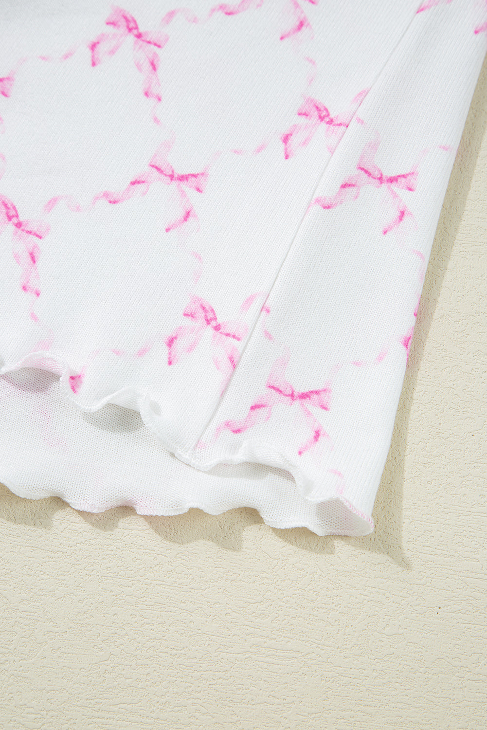 Pink Bow Knot Geometric Print Lettuce Trim Two Piece Pyjamas eAura