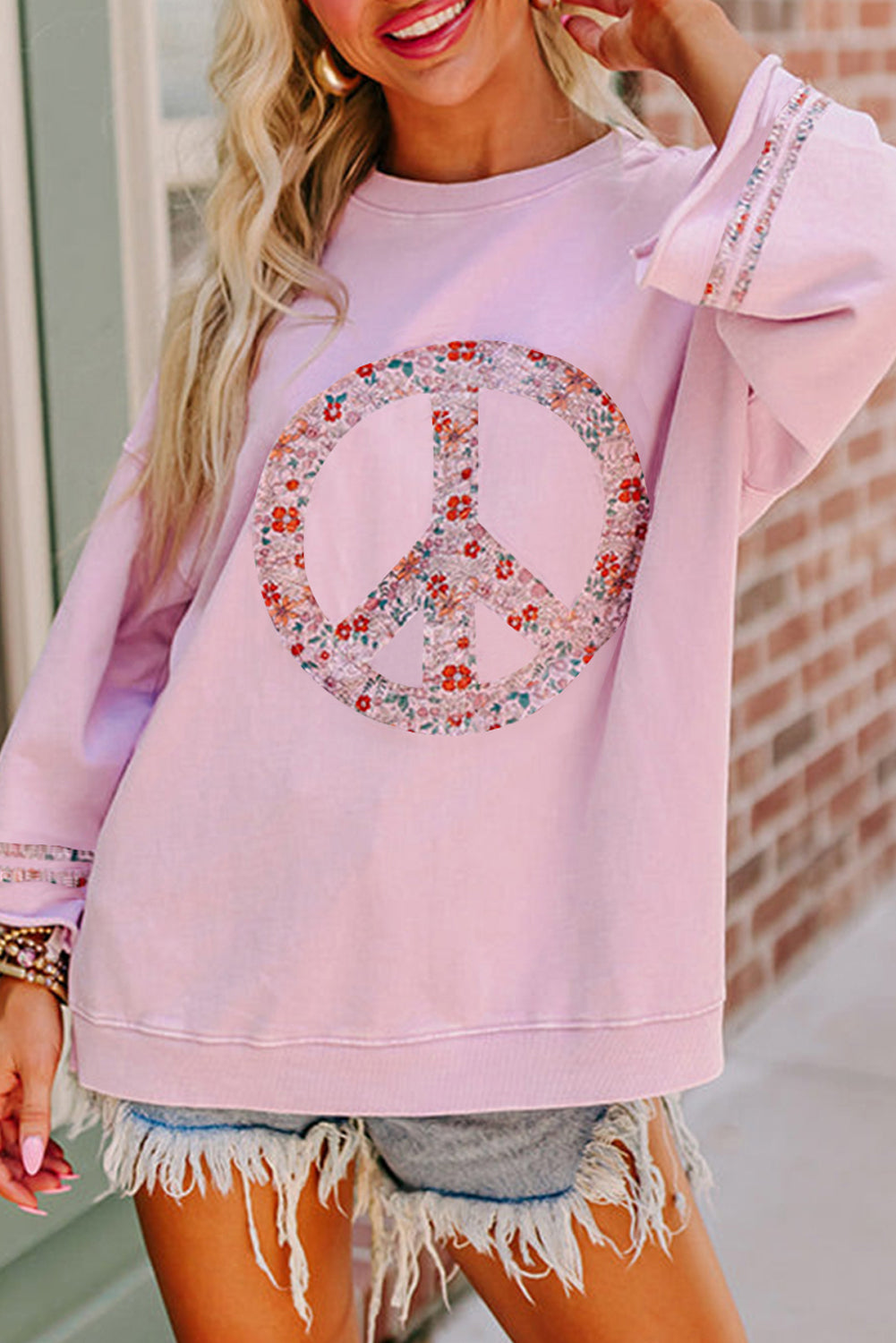 Light Pink Floral Peace Sign Graphic Drop Shoulder Wide Sleeve Casual Top BB Fashion Outlet