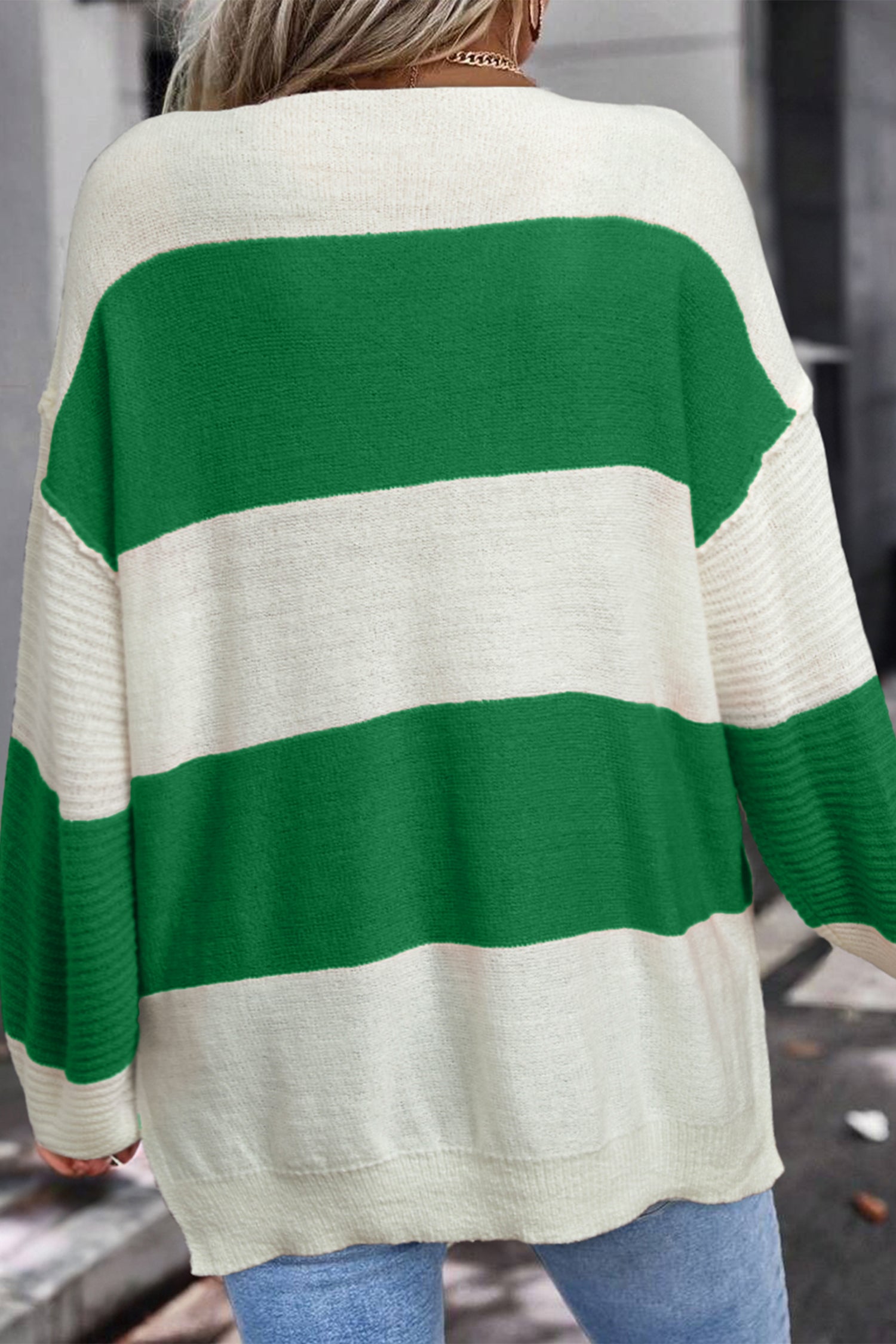 Stripe Loose Colour Block Drop Shoulder Bubble Sleeve Sweater - Sweaters & Cardigans/Sweaters