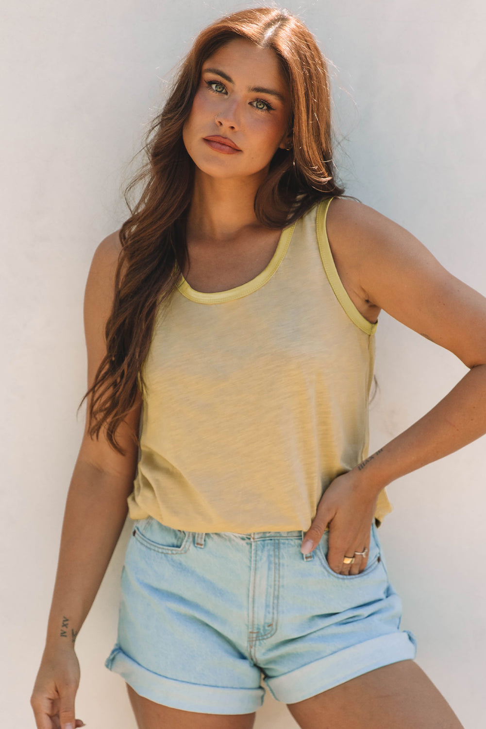 Tan Metallic Sheen Edge Scoop Neck Tank Top eAura