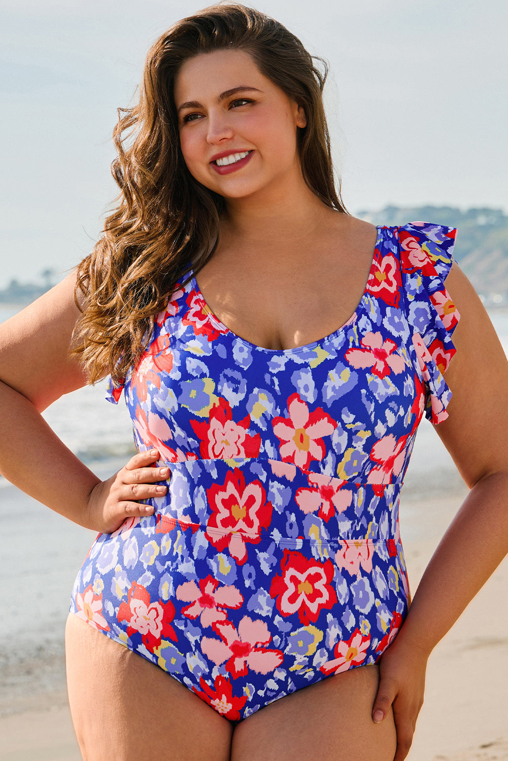 Blue Floral Print Ruffled V Neck High Waist One Piece Swimwear BB Fashion Outlet
