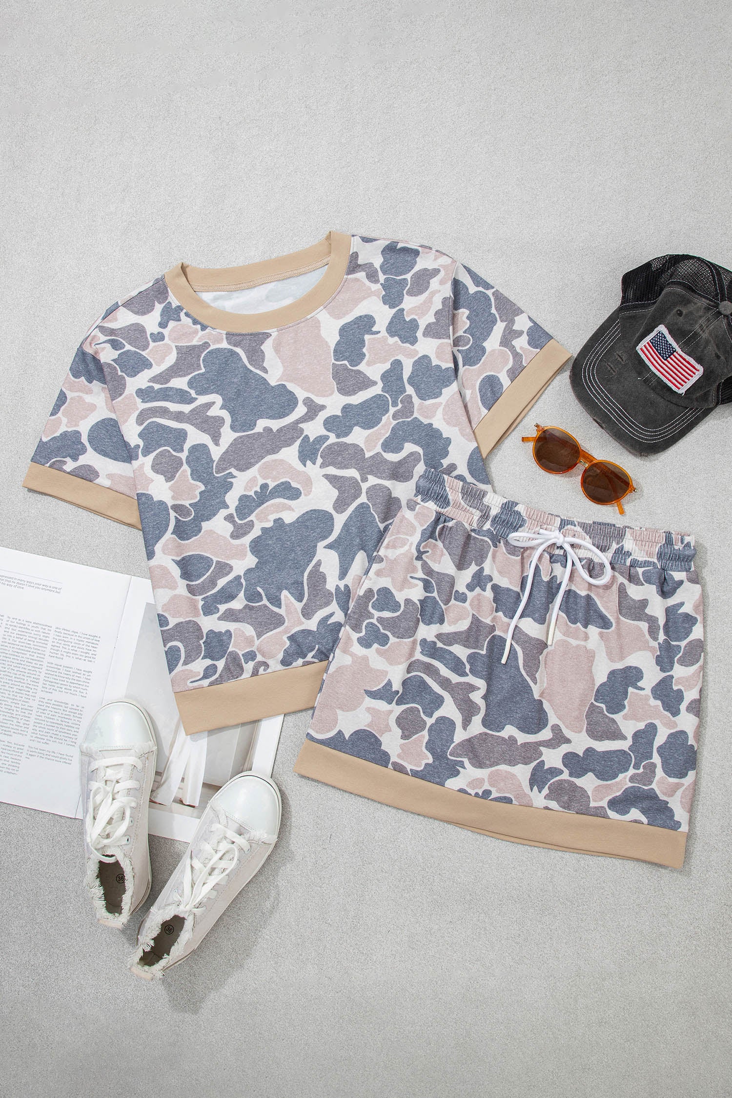 Retro Camouflage Color Block Trim Skort 2pcs Outfit – Multicolour
