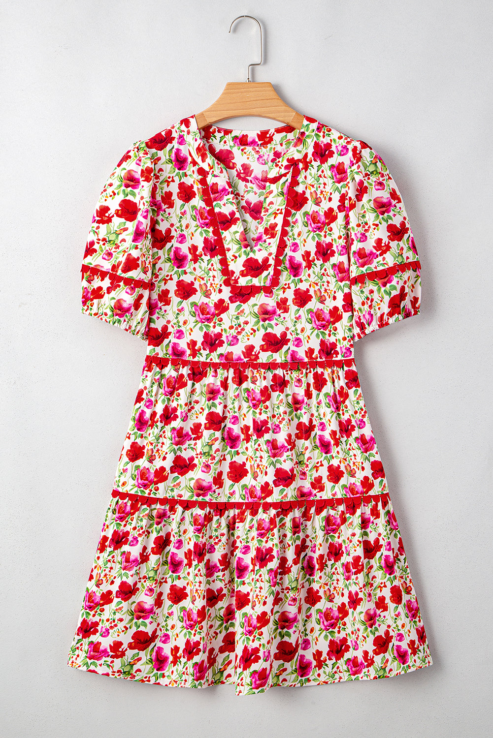 Puff Sleeve Tiered Ric Rac Pocketed Mini Dress eAura