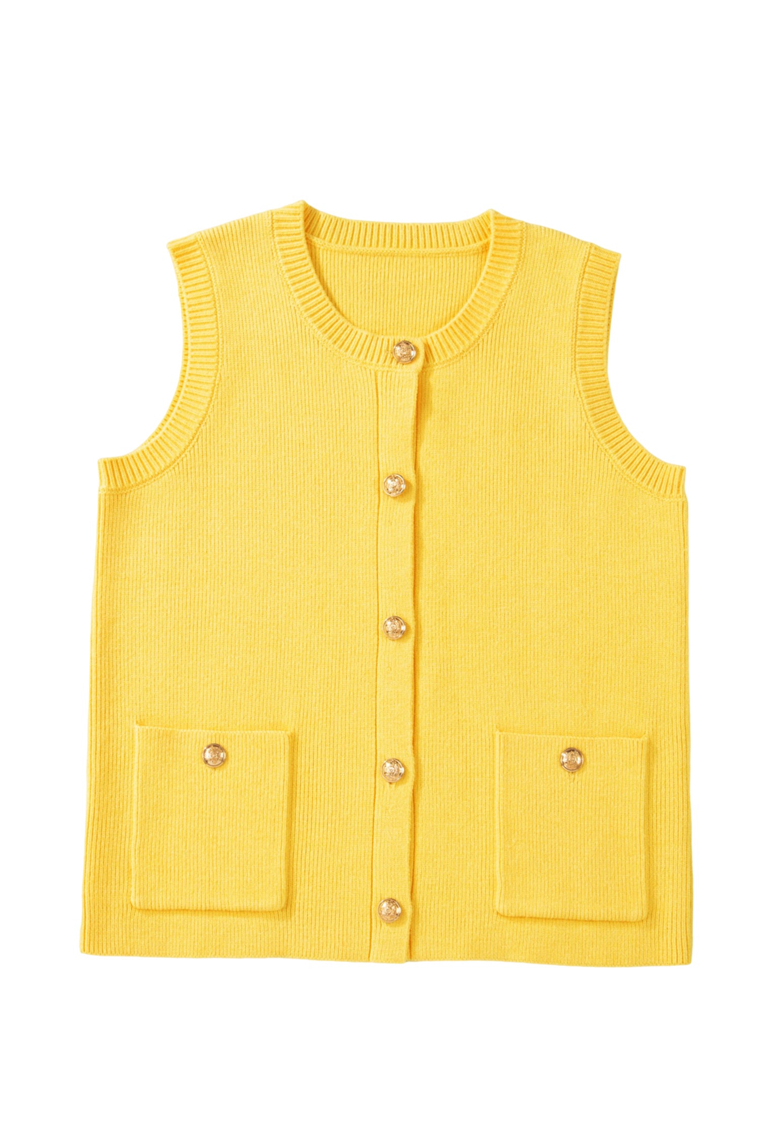 White Sleeveless Knit Button Pocketed Sweater