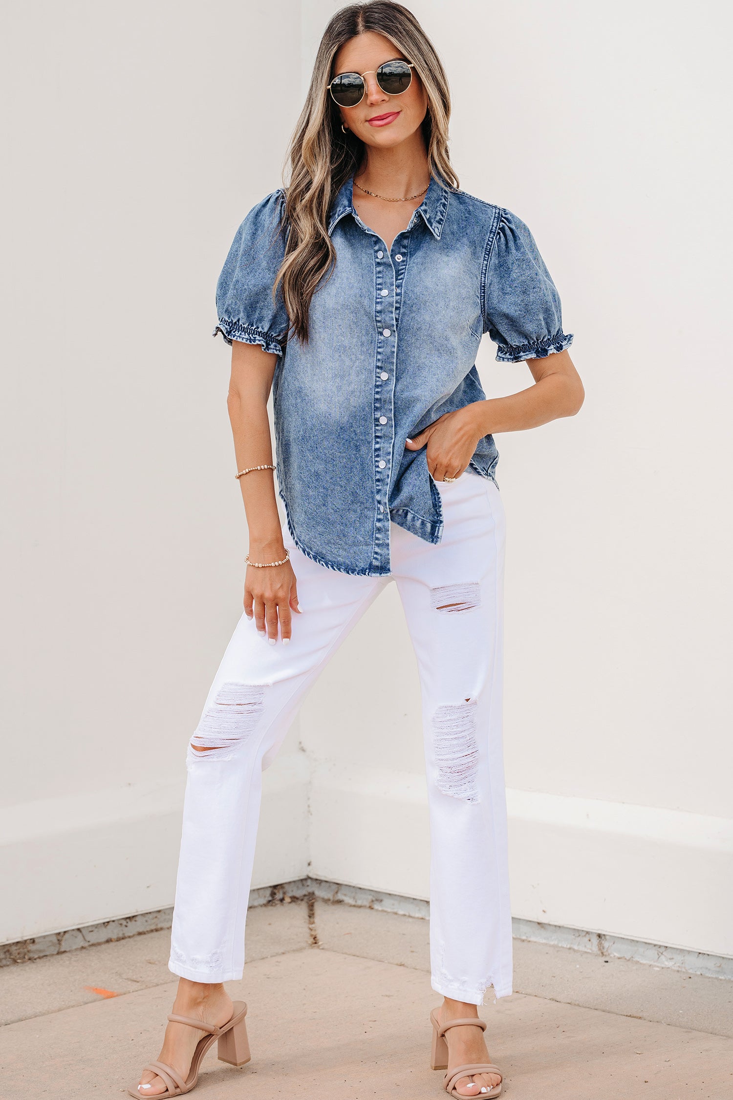 Frilled Short Sleeve Snap Button Denim Shirt