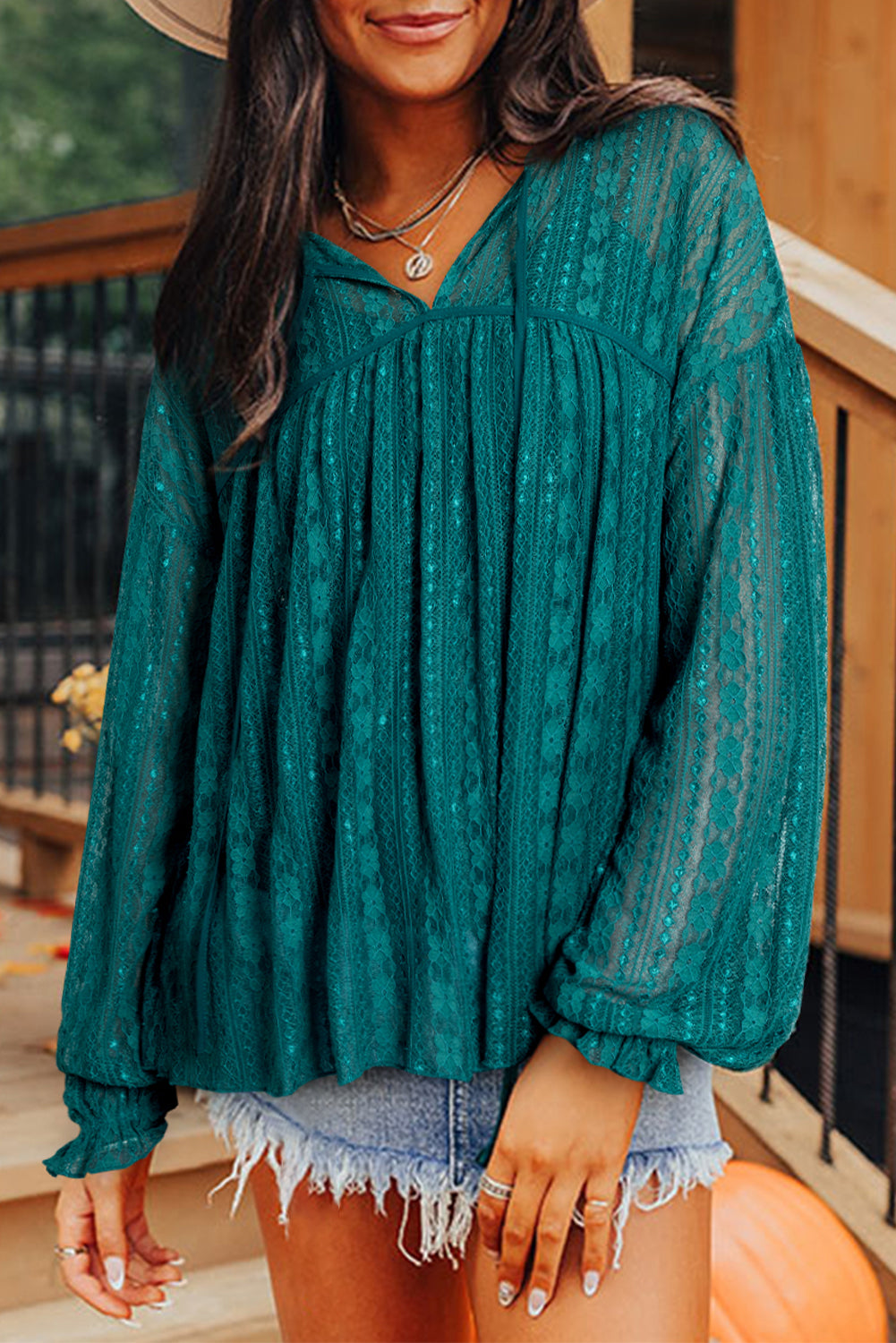 Sheer Lace Balloon Sleeve Babydoll Blouse - eAura