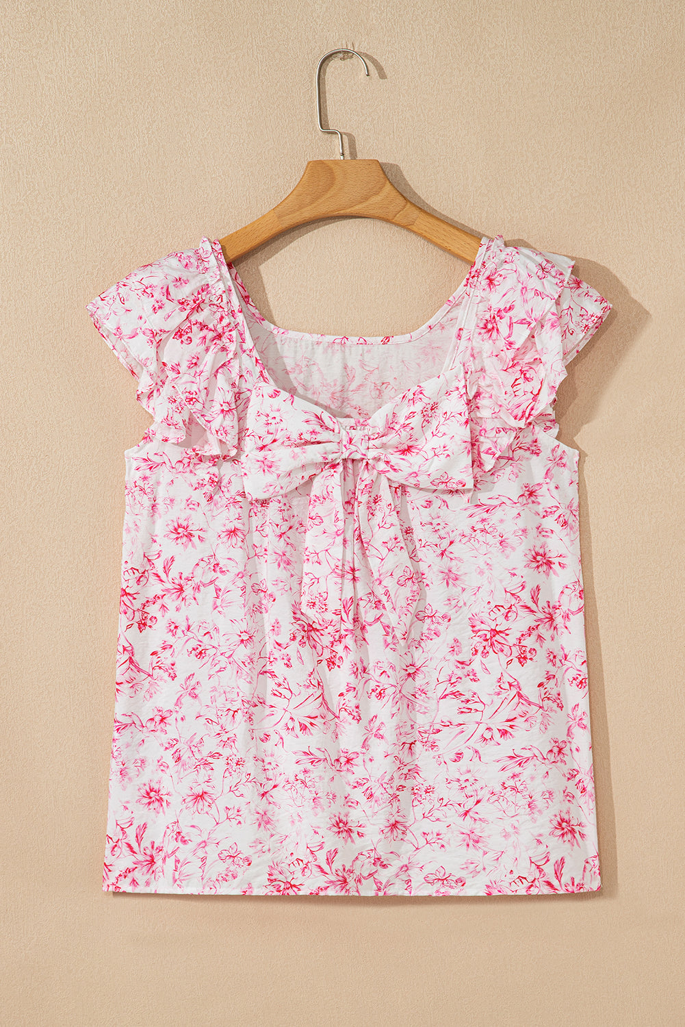 Floral Ruffled Short Sleeve Bow Back Square Neck Blouse eAura