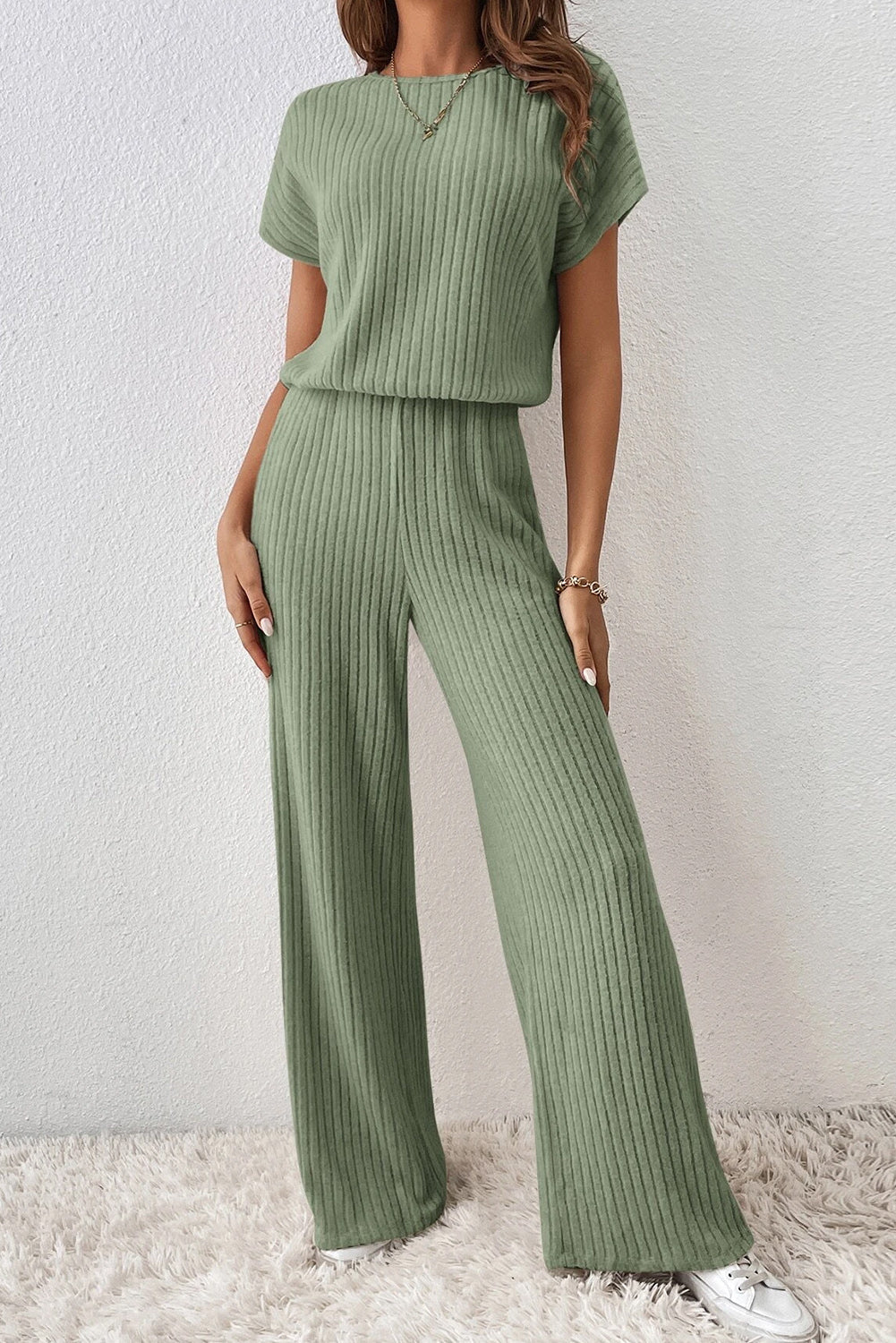 Black Solid Colour Ribbed Short Sleeve Wide Leg Jumpsuit eAura