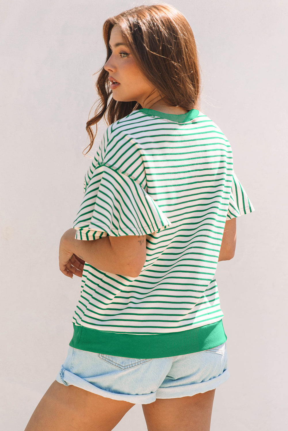 Contrast Detail Striped Ruffle Short Sleeve Top eAura