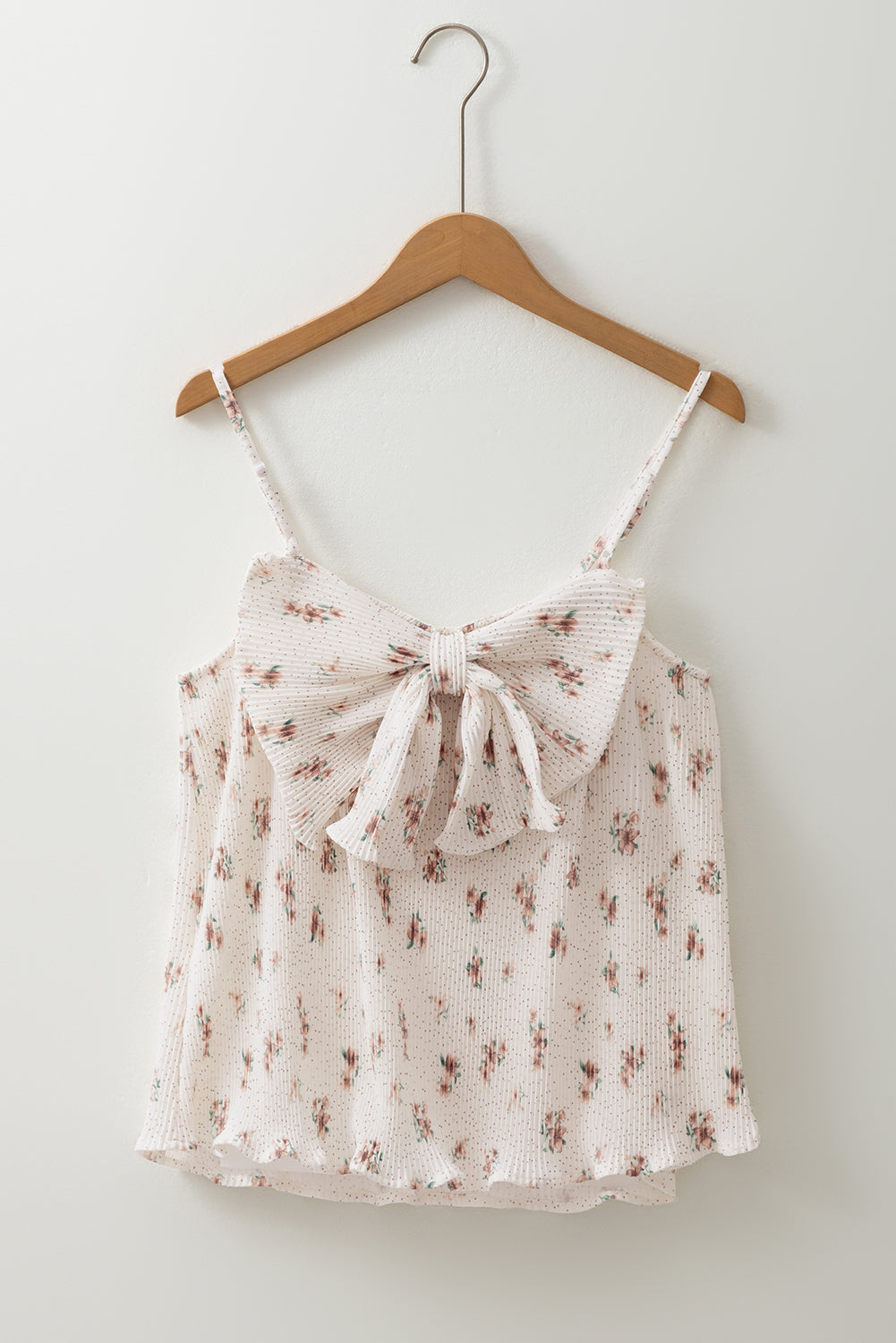 White Floral Pleated Big Bow Back Spaghetti Straps Vest Top eAura