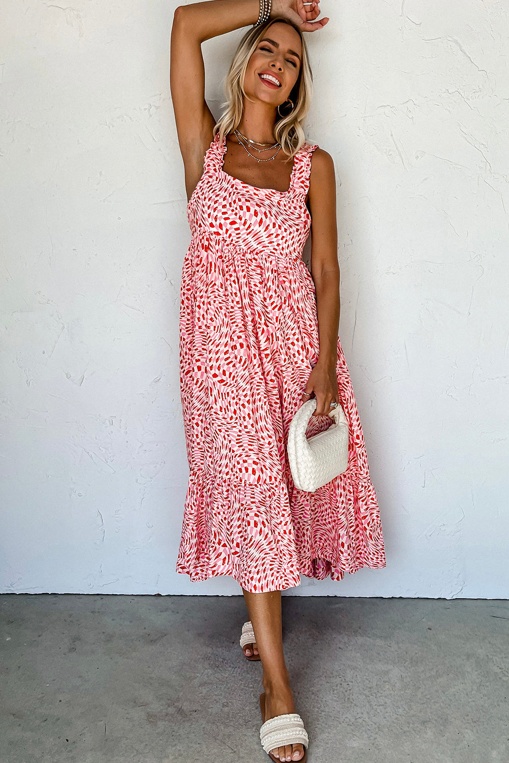 Pink Geometric Print Knot Back Sleeveless Ruffle Hem Dress eAura