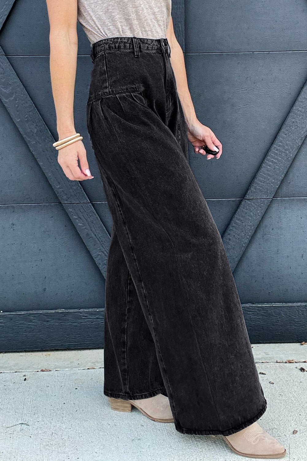 Pleated Wide Leg Mineral Wash Denim Pants - eAura