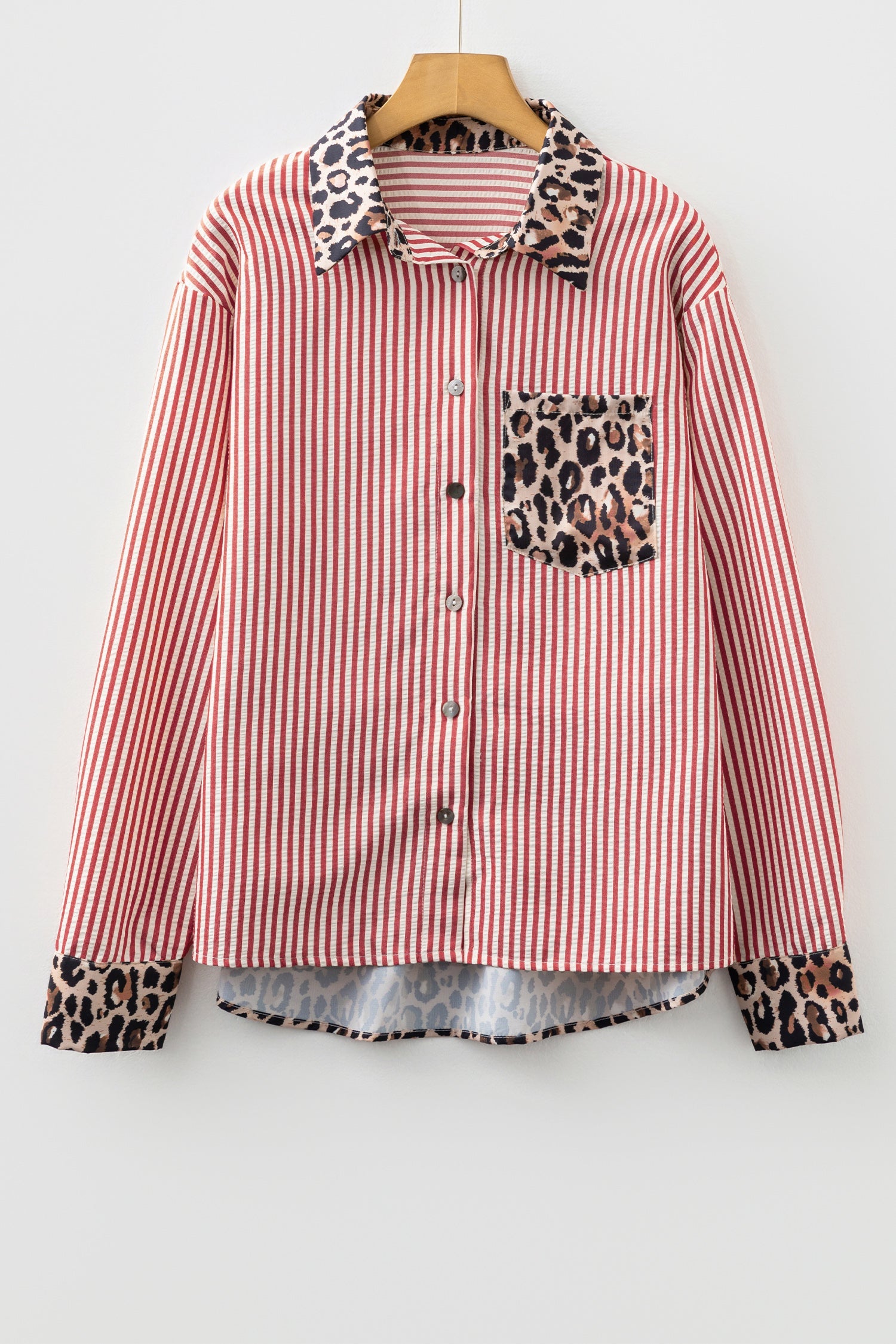 Striped Leopard Print Patchwork Button Up Shirt - eAura