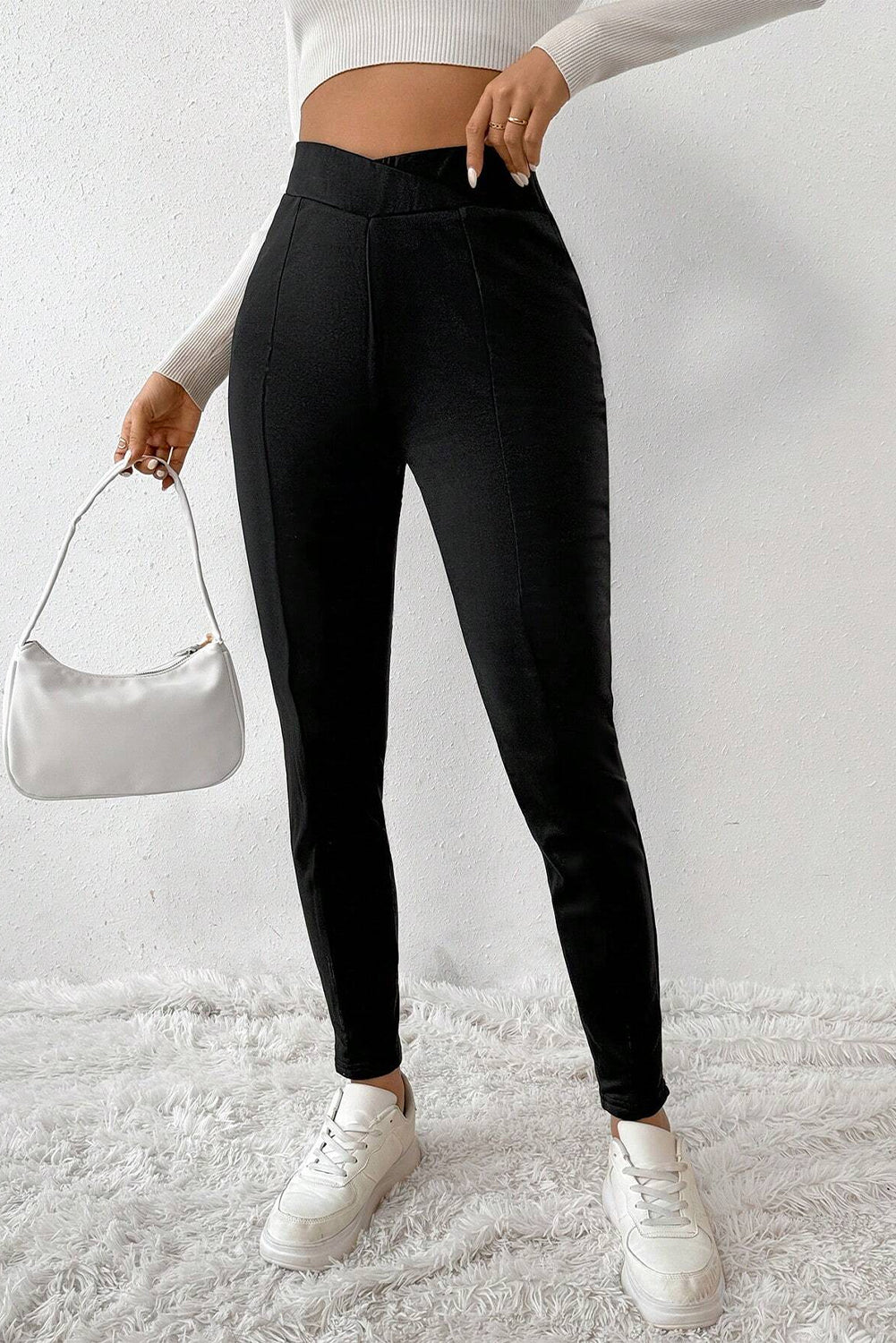 Black Crossed Waist Seamed Leg Thermal Leggings Beagle Boutique Fashion Outlet