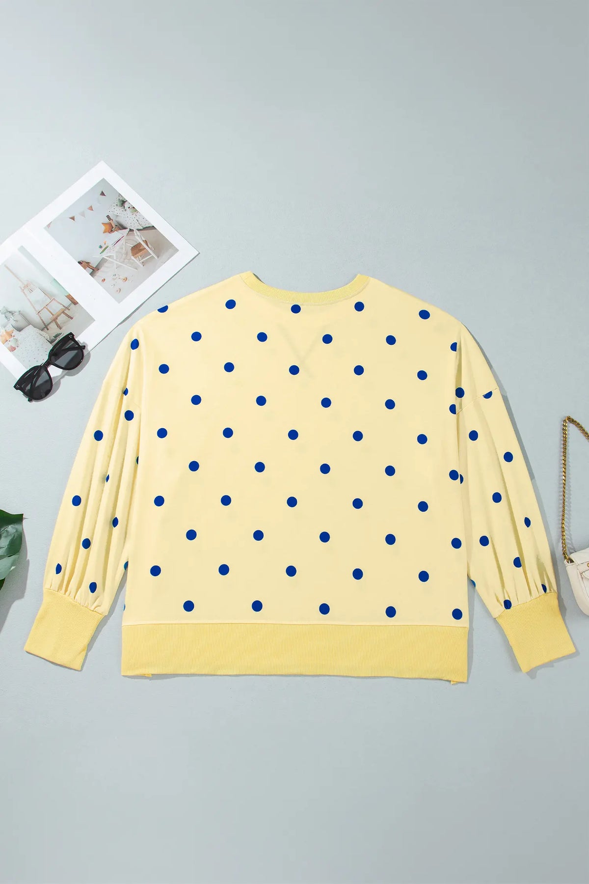 Round Neck Long Sleeve Polka Dot Plus Size Top – Beige