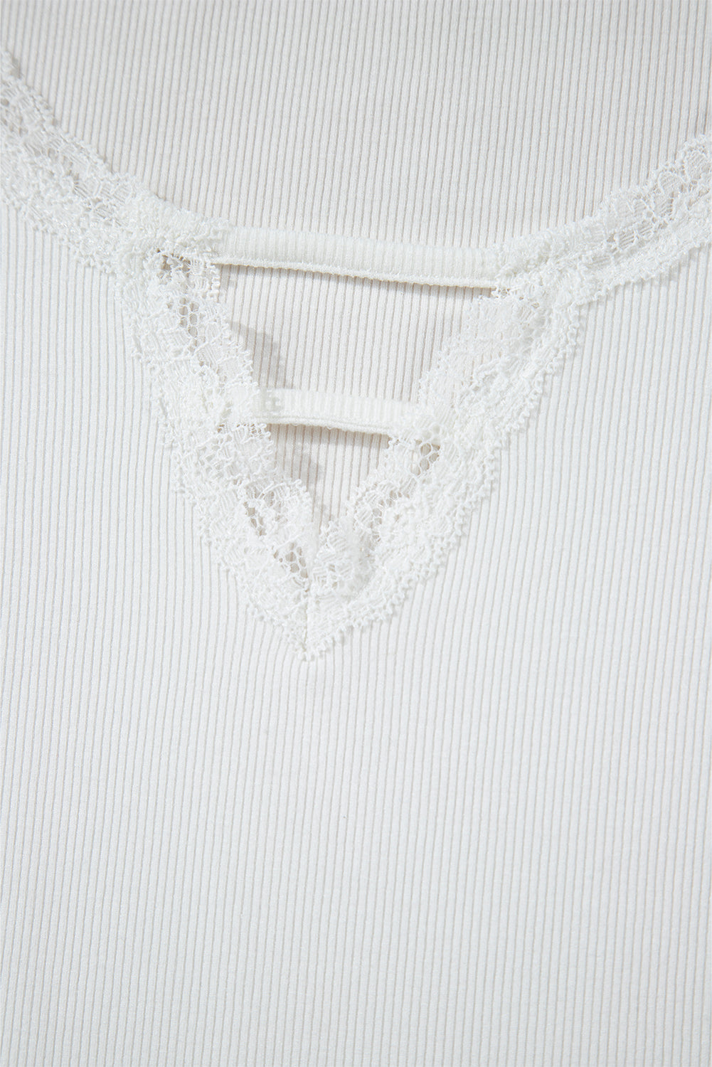 White Lace V Neckline Ribbed Slim Fit T Shirt eAura