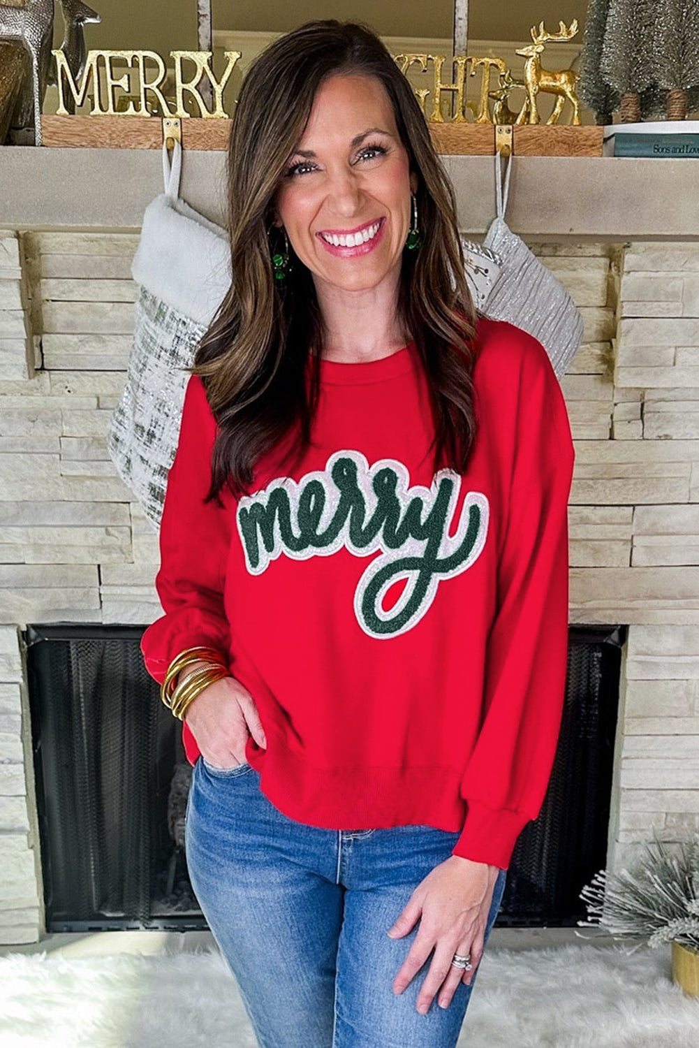 Fiery Red Merry Script Holiday Christmas Graphic Sweatshirt - eAura