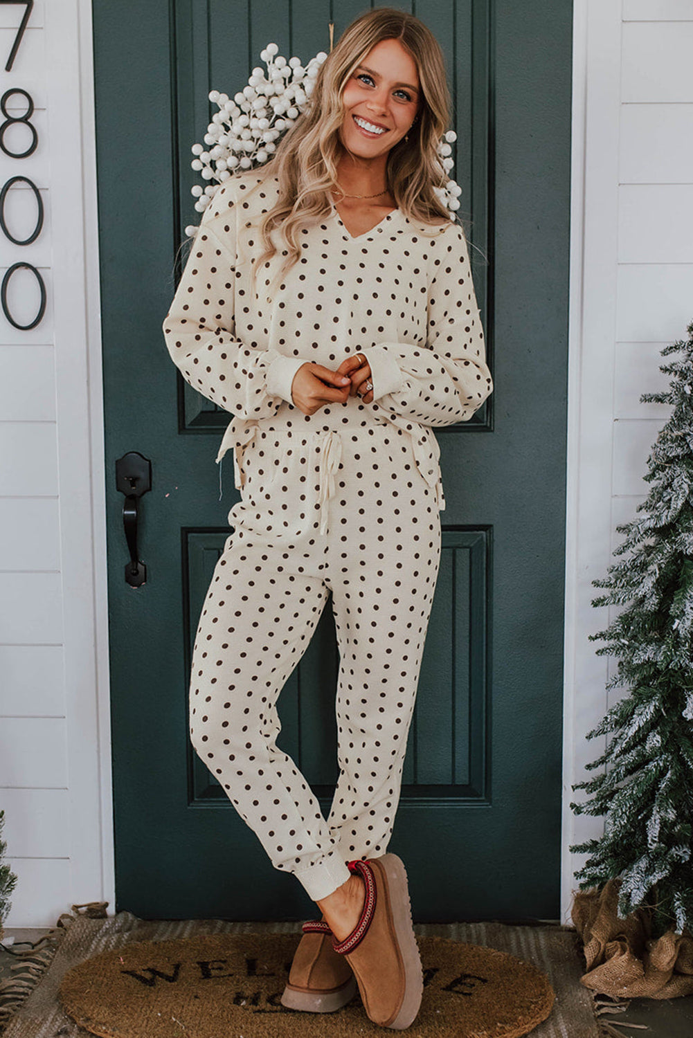White Polka Dot Print Long Sleeve Top and Drawstring Bottoms Pyjamas eAura
