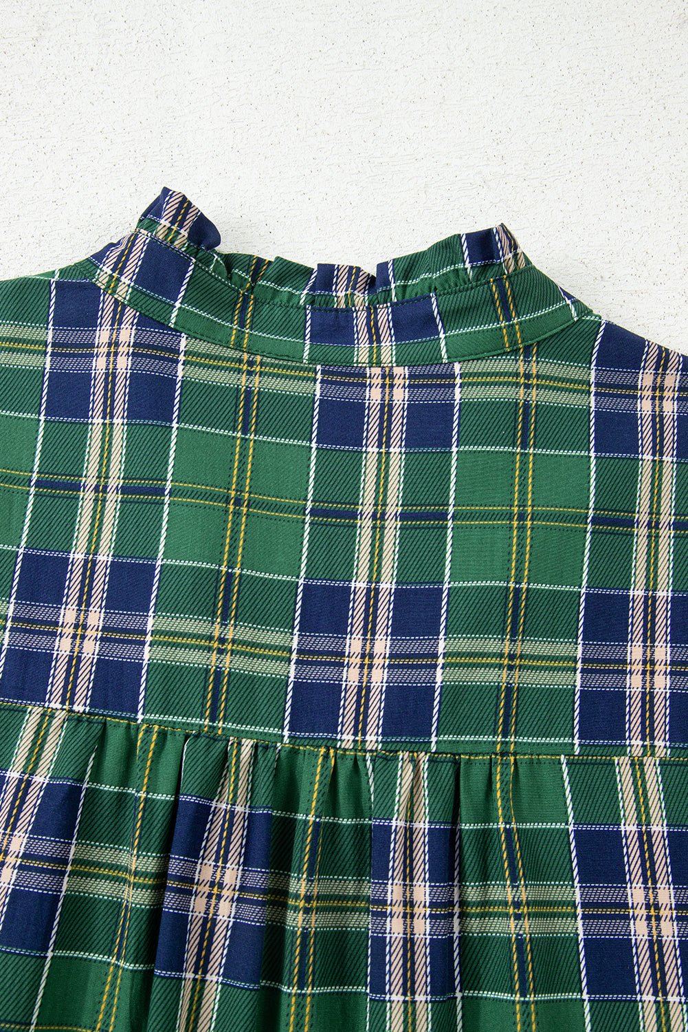 Green Plaid Print Frilly Collar Long Sleeve Shift Mini Dress eAura