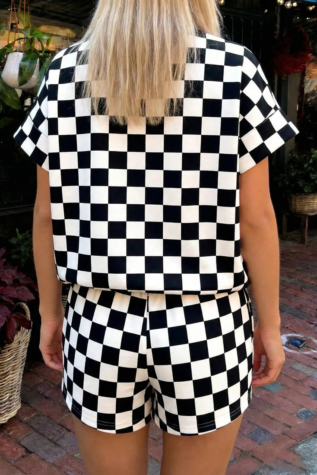 Checkered Print Colour Block Trim Mock Neck Short Set – Black