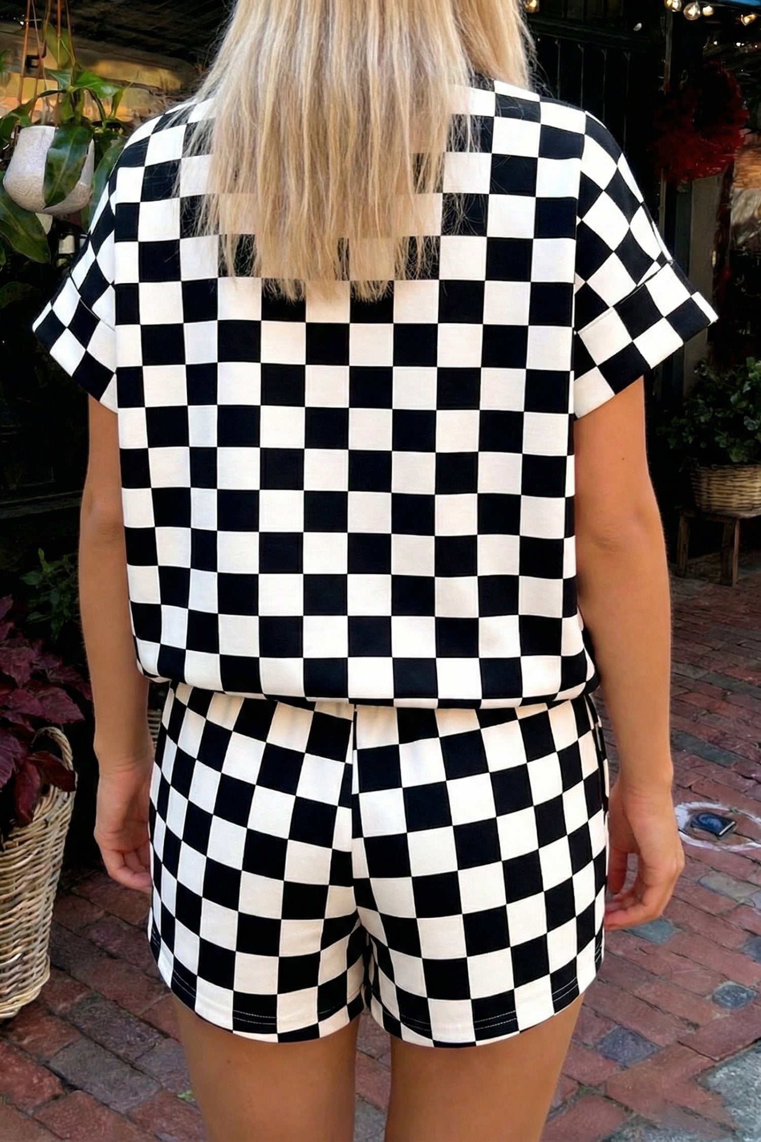Checkered Print Color Block Trim Mock Neck Short Set – Black