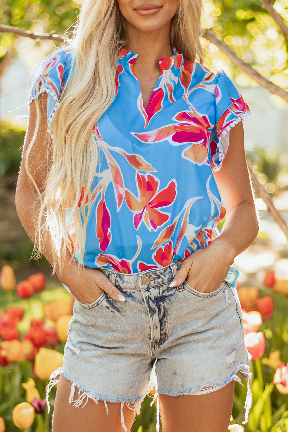 Sky Blue Floral Print V Neck Pompom Trim Flutter Sleeve Blouse eAura