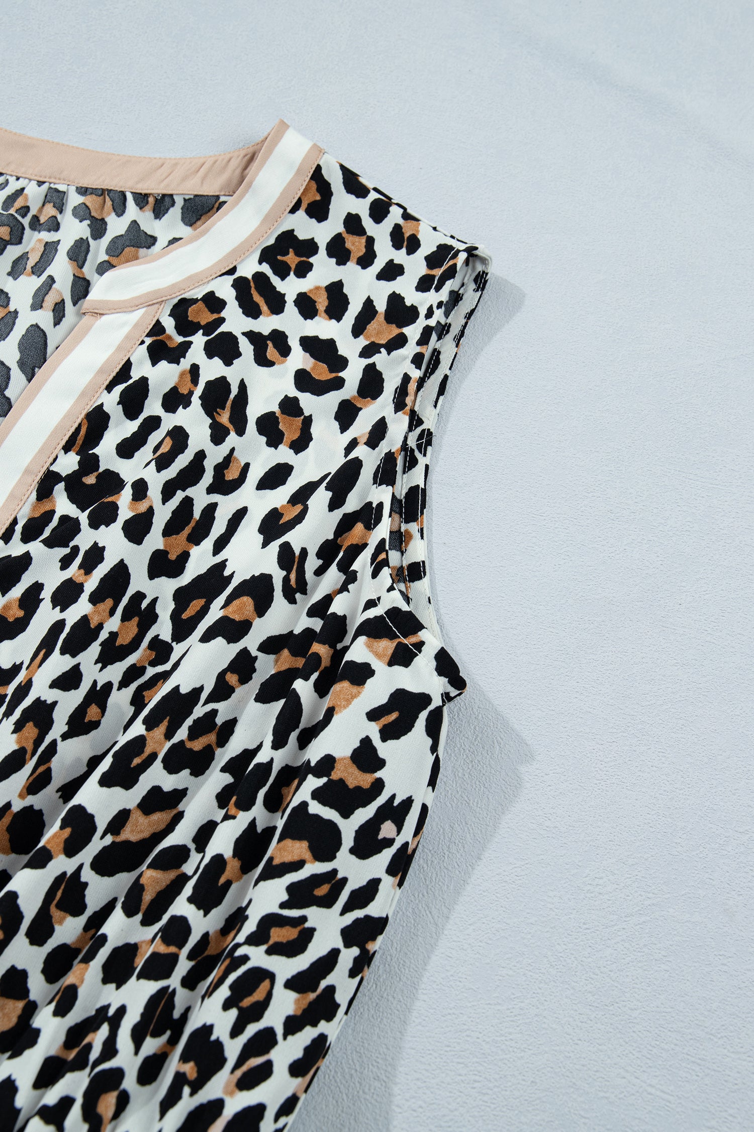 Leopard Print Colorblock Trim Sleeveless Midi Dress – White