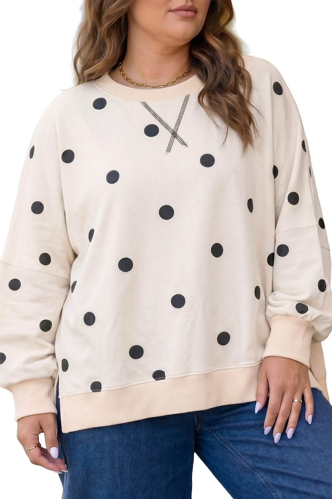 Round Neck Long Sleeve Polka Dot Plus Size Top – Beige