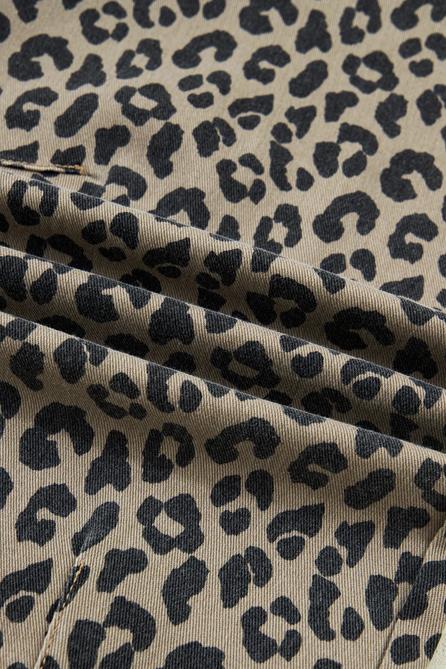 Khaki Leopard Print Drawstring Elastic Waist Loose Denim Pants with Pockets