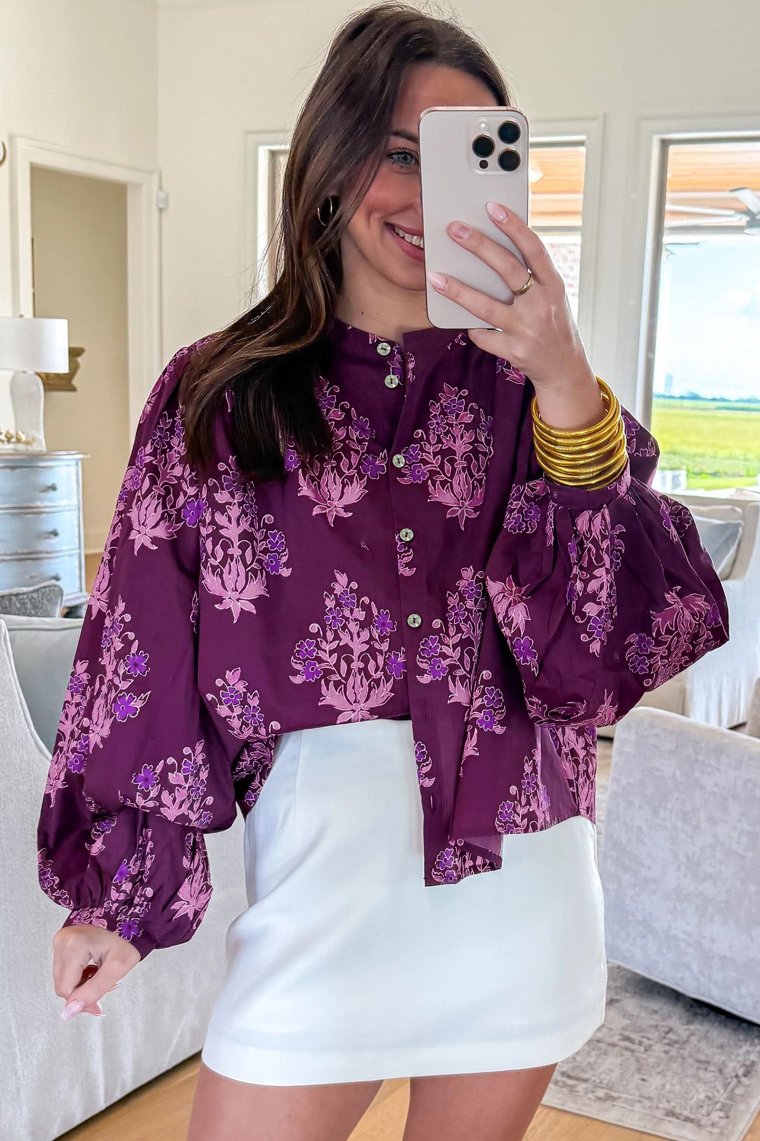 Floral Print Button Front Long Puff Sleeve Shirt – Purple