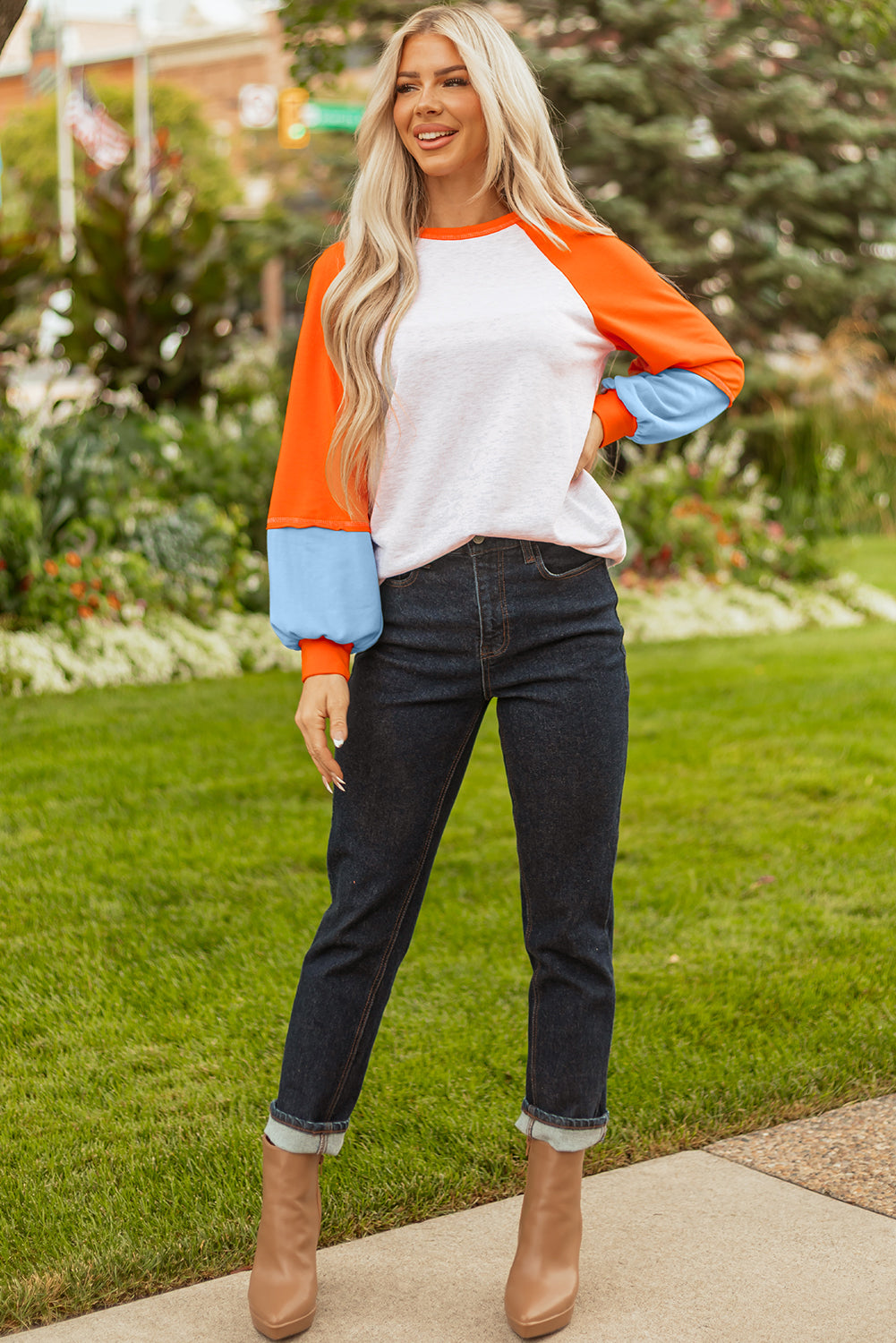 Raglan Sleeve Contrast Stitching Loose Fit Top - eAura