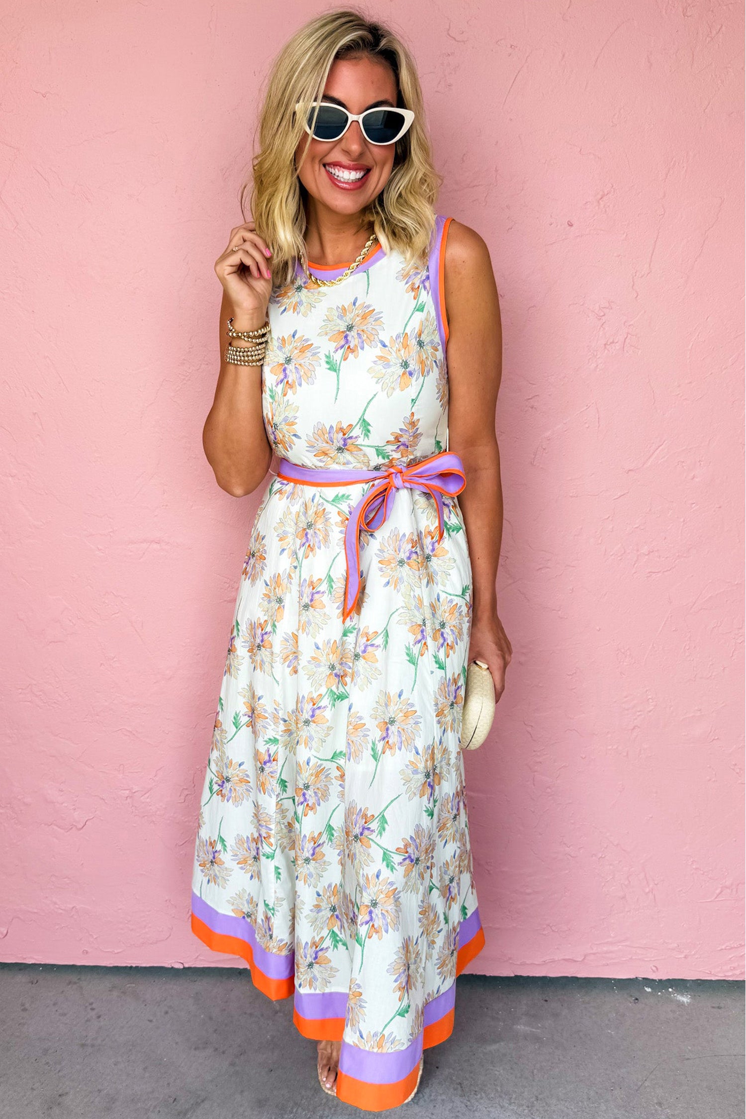 Floral Print Colour Block Trim Belted Sleeveless Maxi Dress