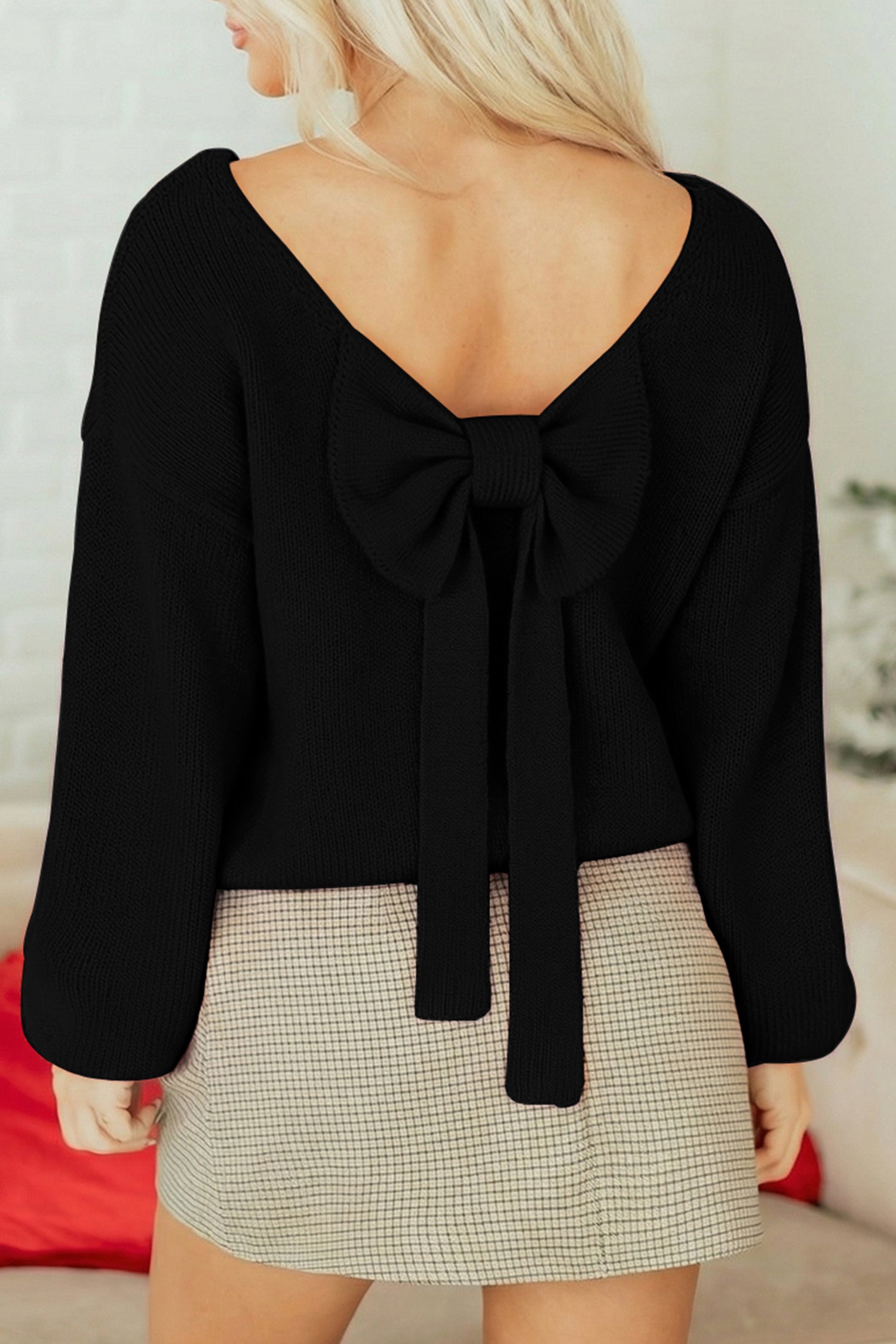 Bow Backless Bubble Sleeve Sweater - Sweaters & Cardigans/Sweaters