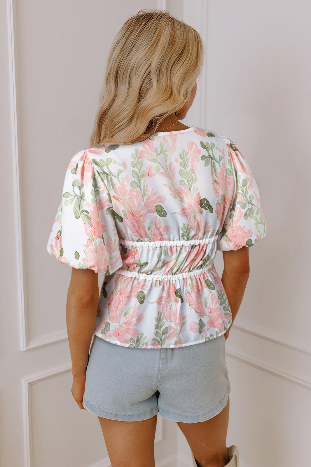 Pink Floral Puff Sleeve V Neck Tied Front Peplum Blouse eAura