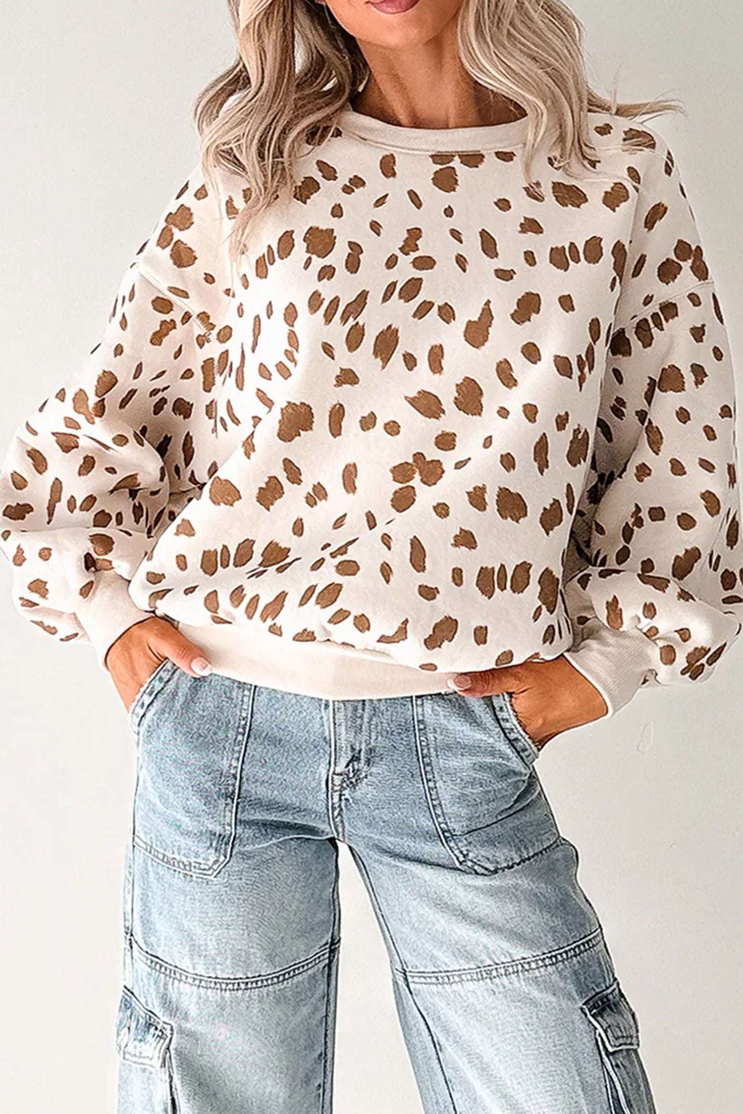 Leopard Print Dropped Shoulder Round Neck Casual Sweatshirt – Brown