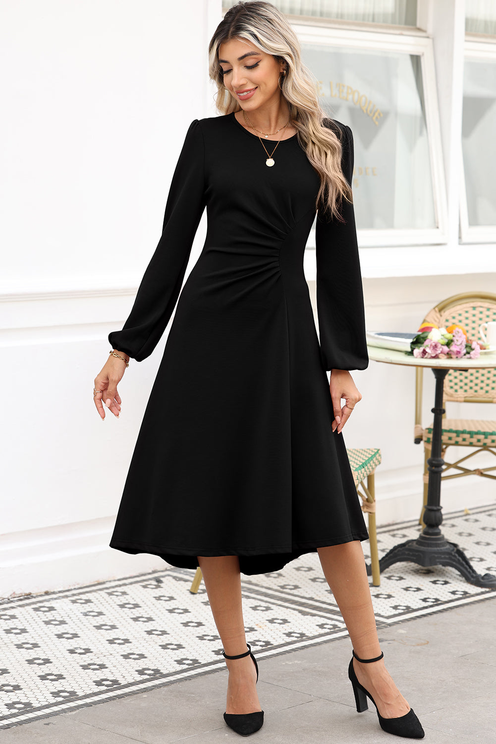 Burgundy Solid Color Ruched Detail Long Sleeve Midi Dress Dear-Lover Dropshipping
