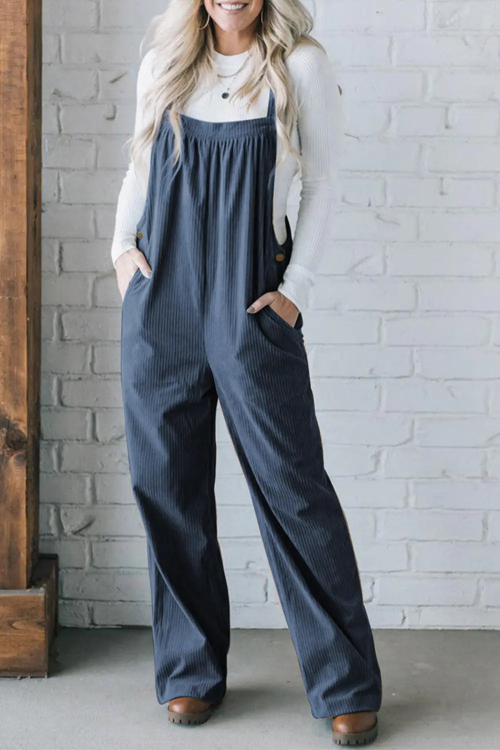 Button Adjustable Straps Solid Colour Ribbed Jumpsuit - Green or Teal