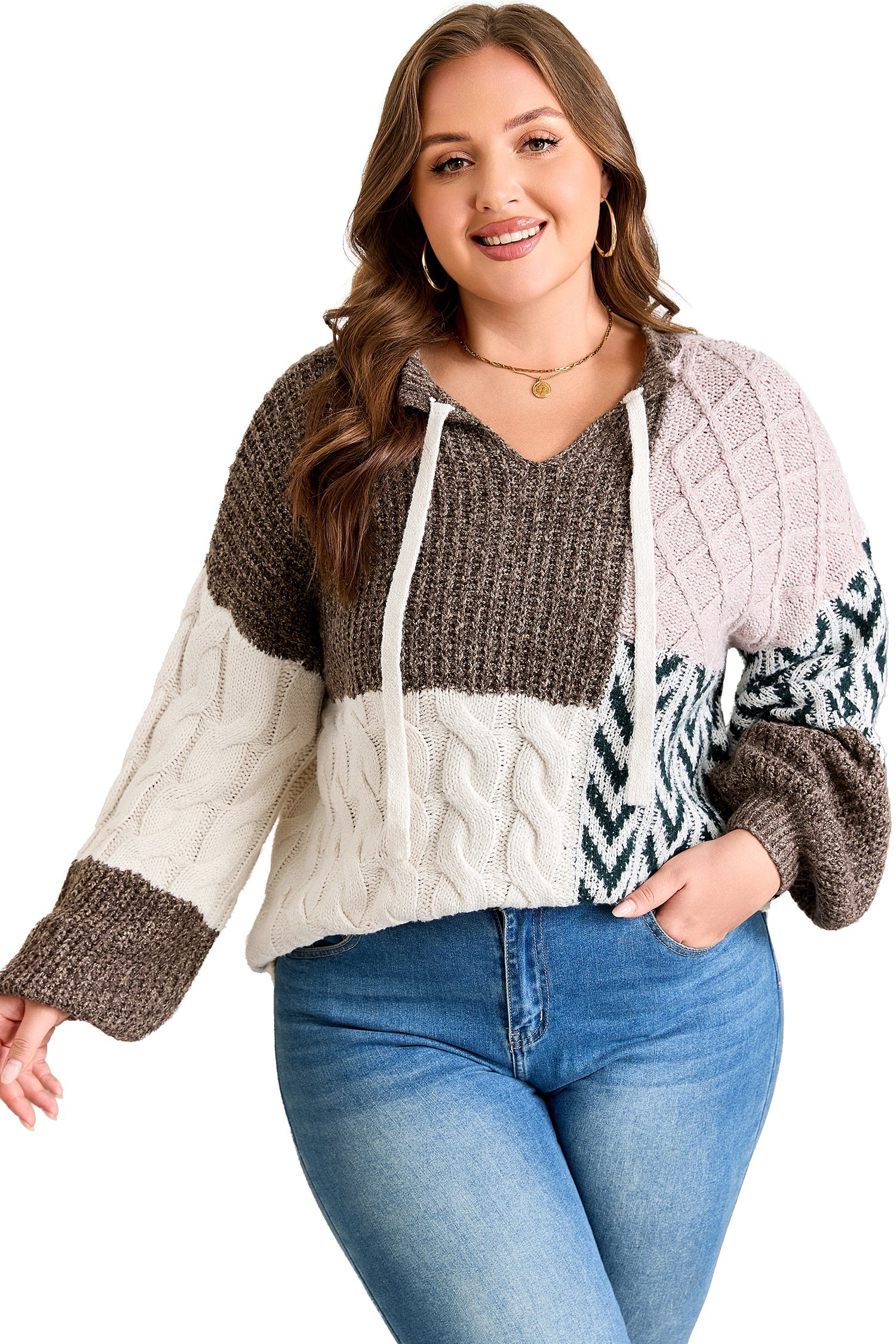 Brown Plus Size Color Block Patchwork Knotted Back Loose Fit Sweater - eAura