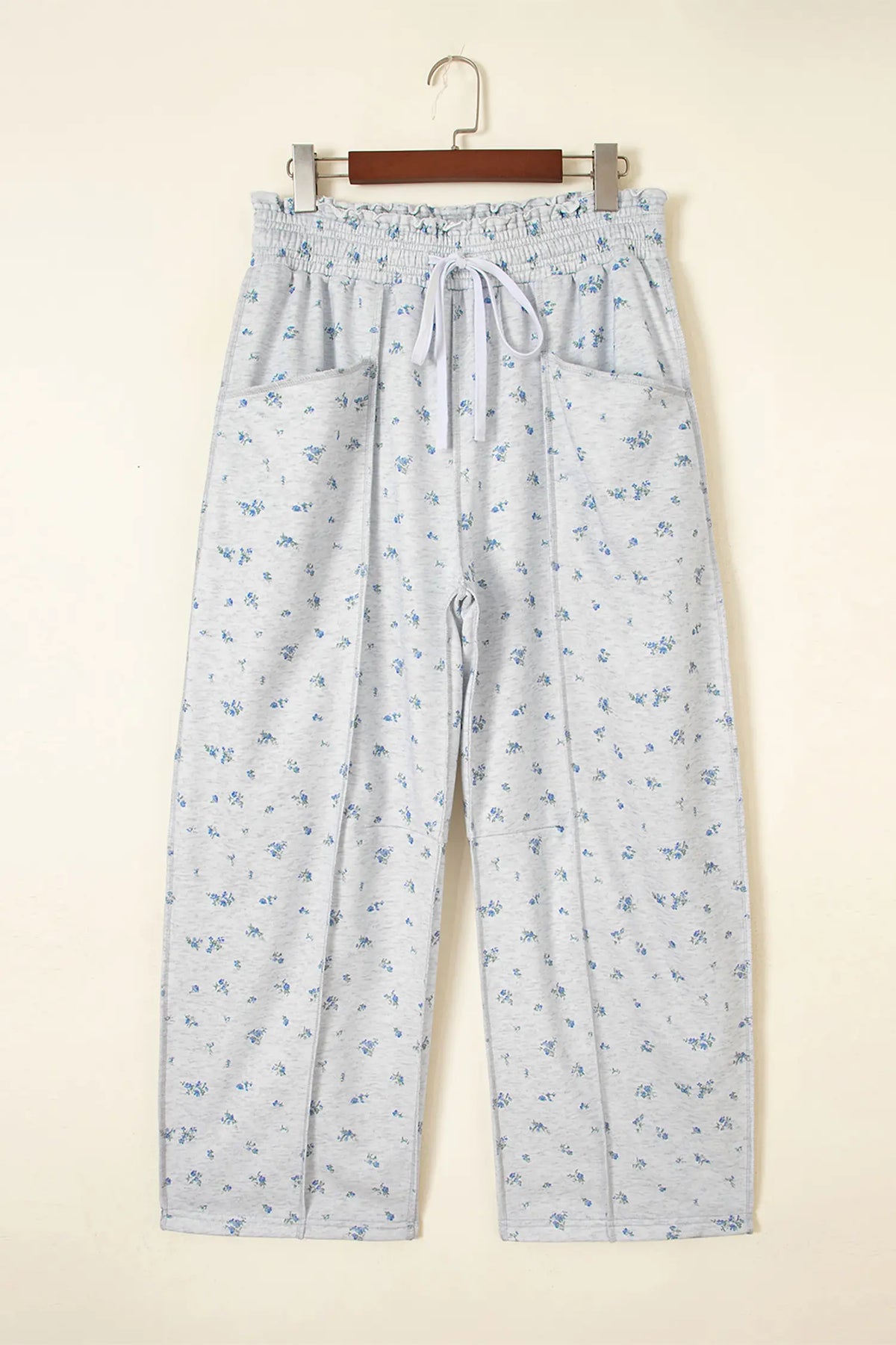 Floral Print Elastic Waist Regular Fit Pants – Grey