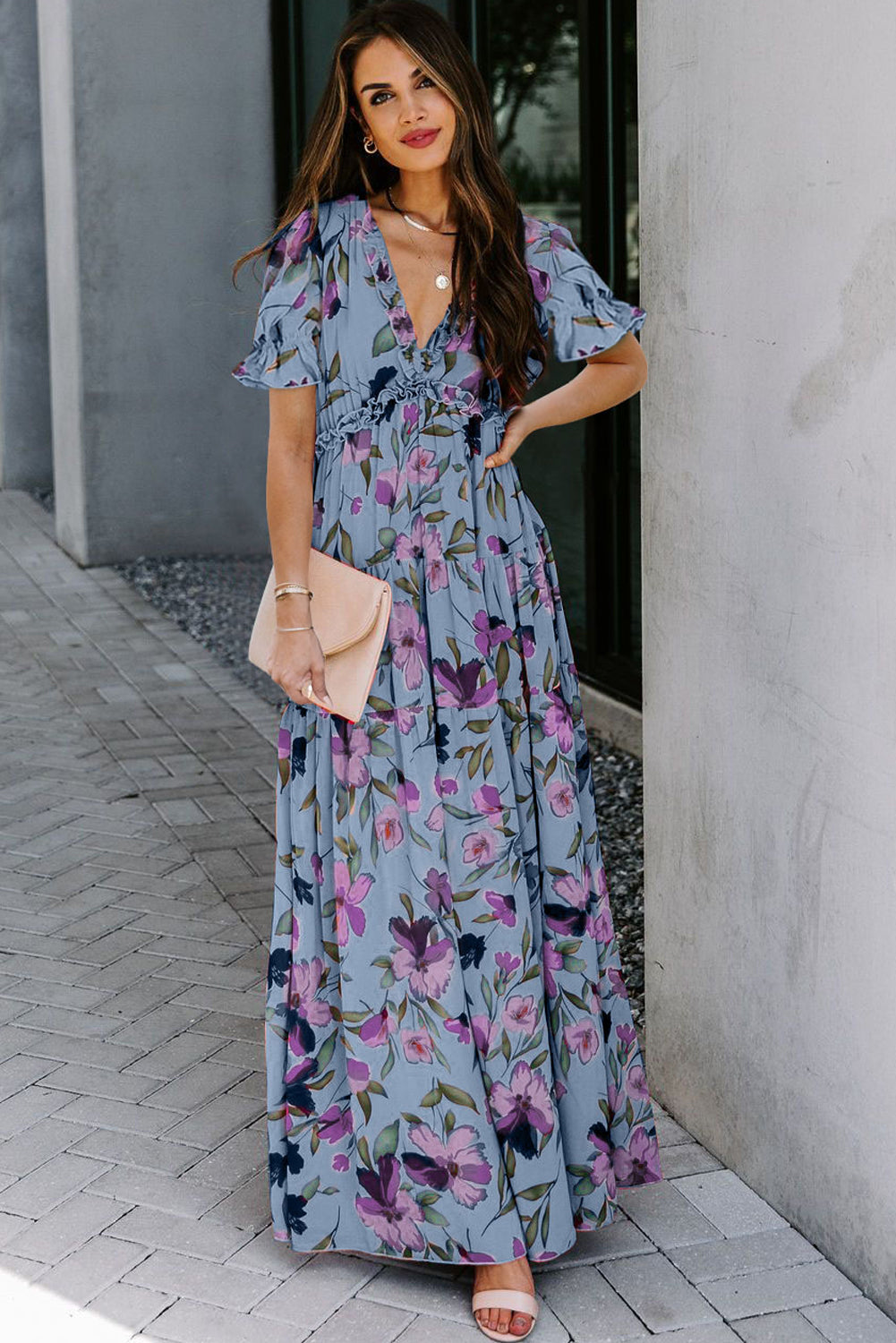 Floral Print Frilled V-Neck Short Sleeve Maxi Dress