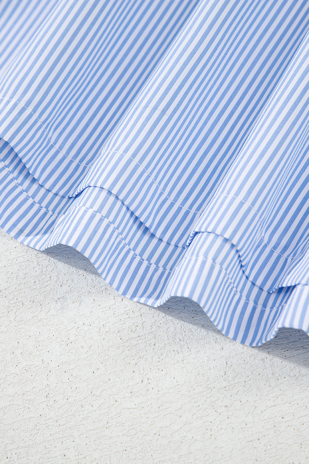Blue Stripe Ruffled Collar Puff Sleeve Half Buttons Blouse eAura