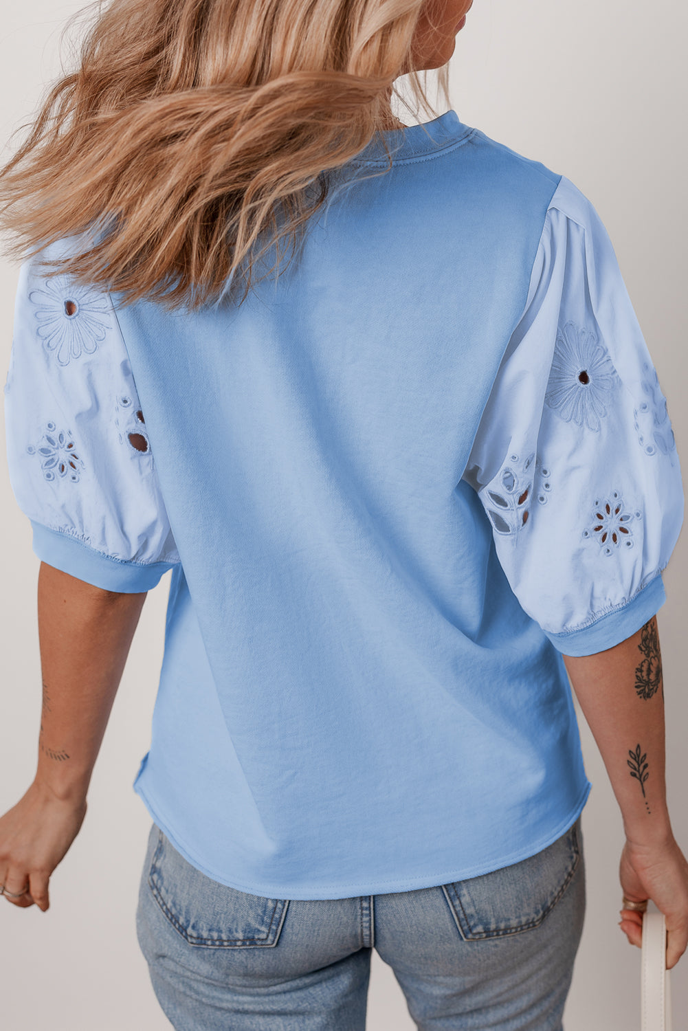 Beau Blue Eyelet Flower Embroidered Puff Short Sleeve Patchwork Crew Neck Blouse eAura