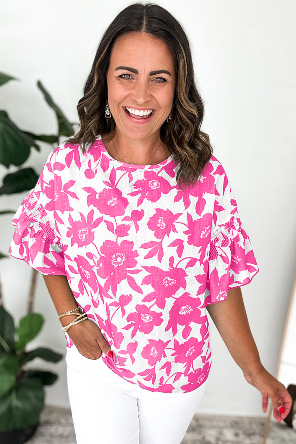 Pink Floral Printed Ruffled Short Sleeve Round Neck Loose Blouse eAura