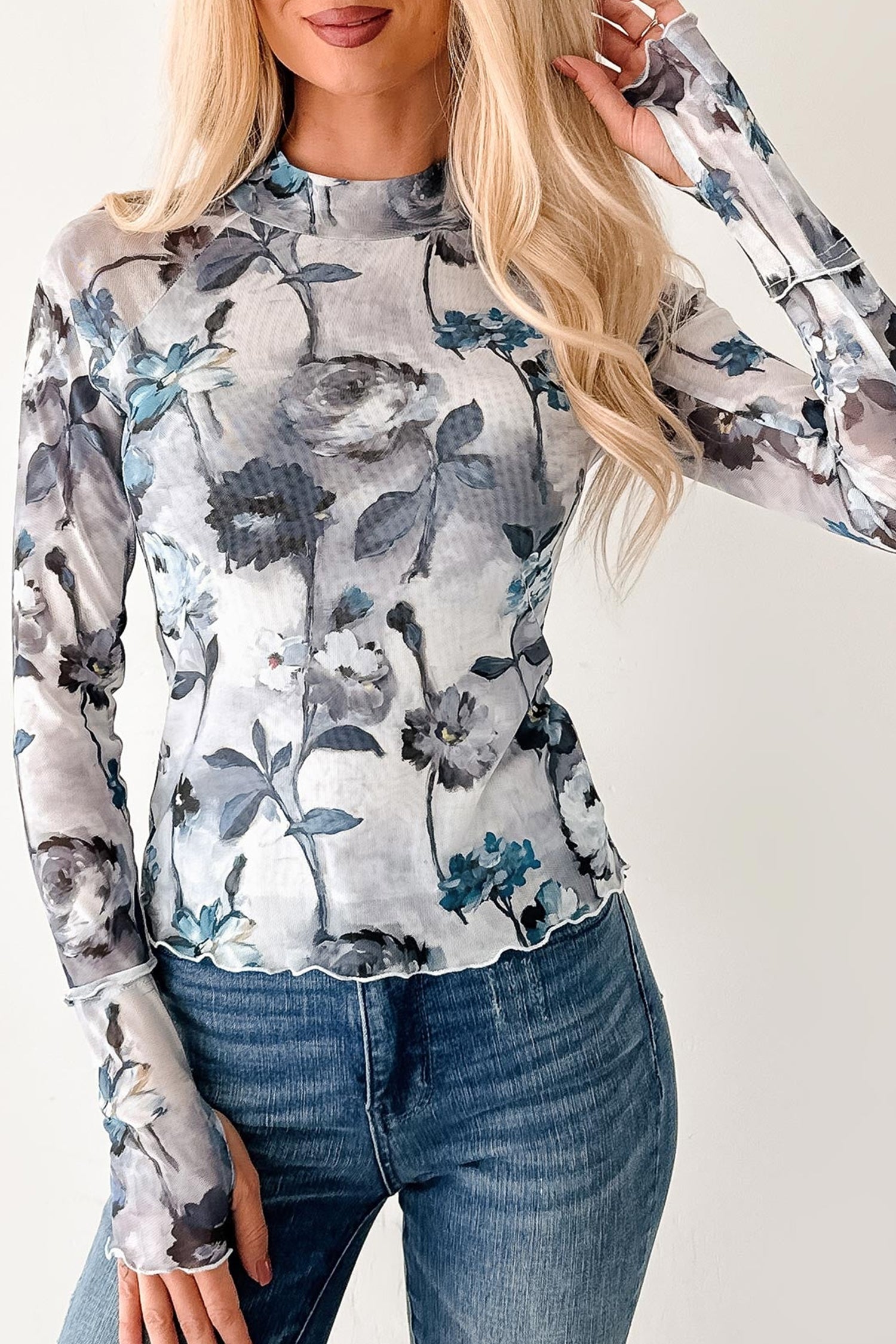 Sky Blue Floral Mesh High Neck Long Sleeve Sheath Top – Light Blue