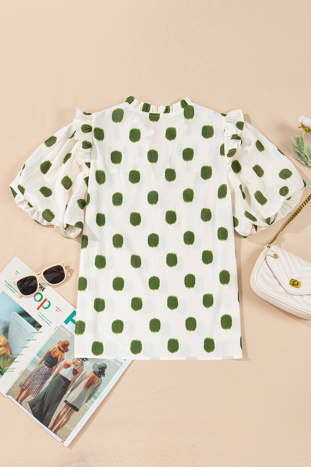 Apricot Polka Dot Print Shirred Yoke Notched Neck Balloon Sleeve Blouse eAura