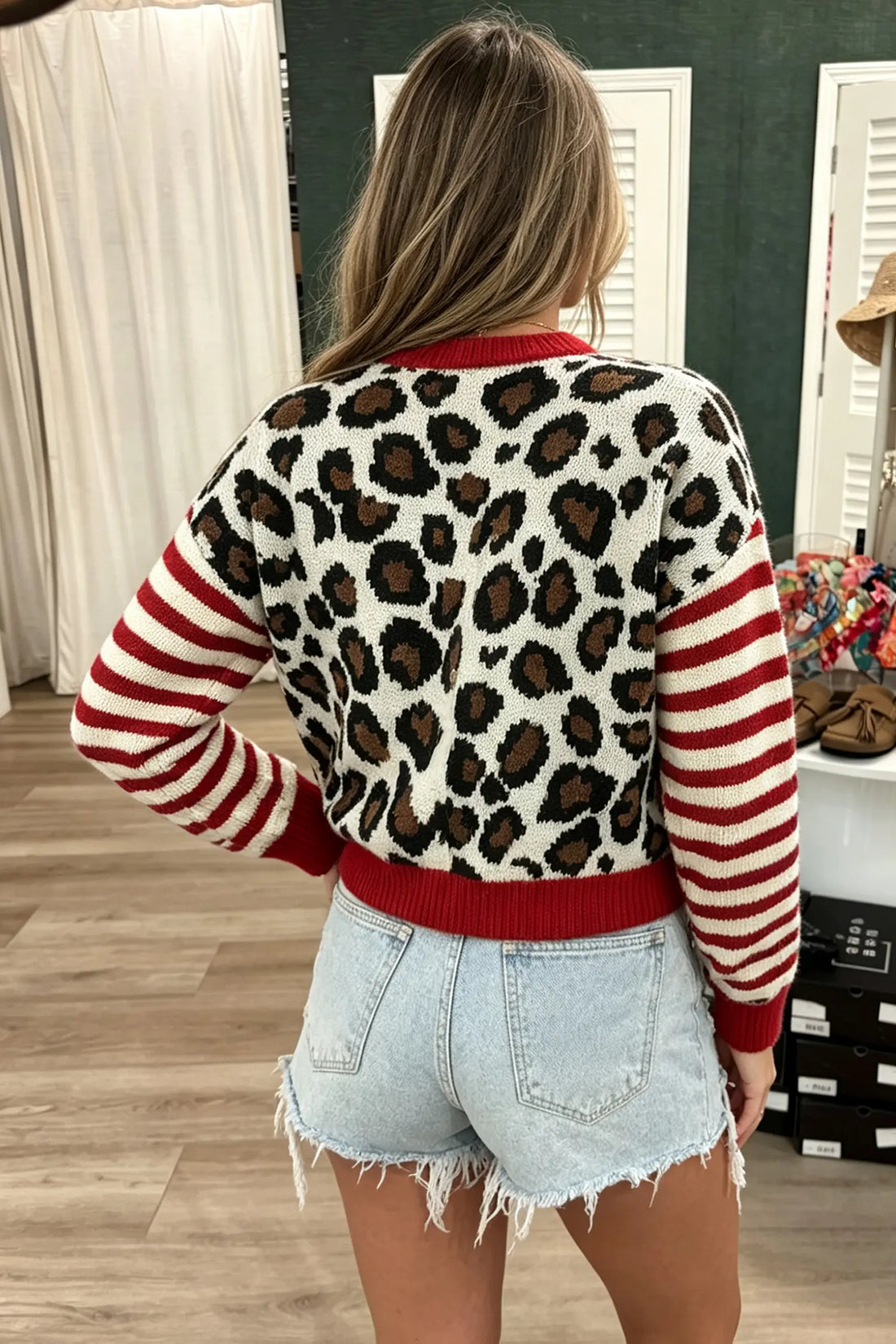 Leopard Print Striped Sleeves Round Neck Button Cropped Cardigan