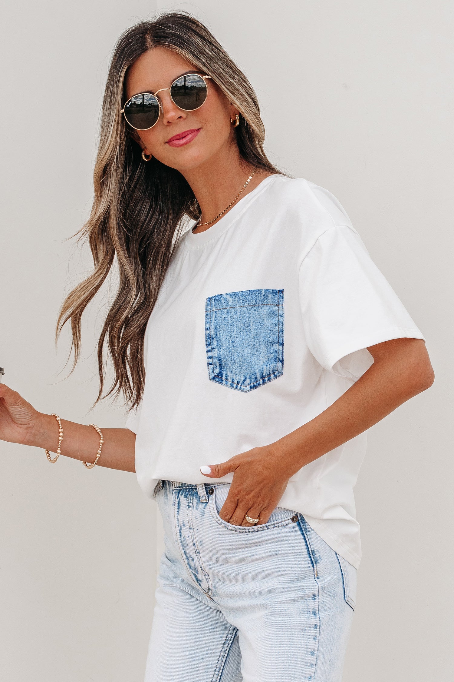Colour Block Chest Pocket Patched Casual Short Sleeve Top