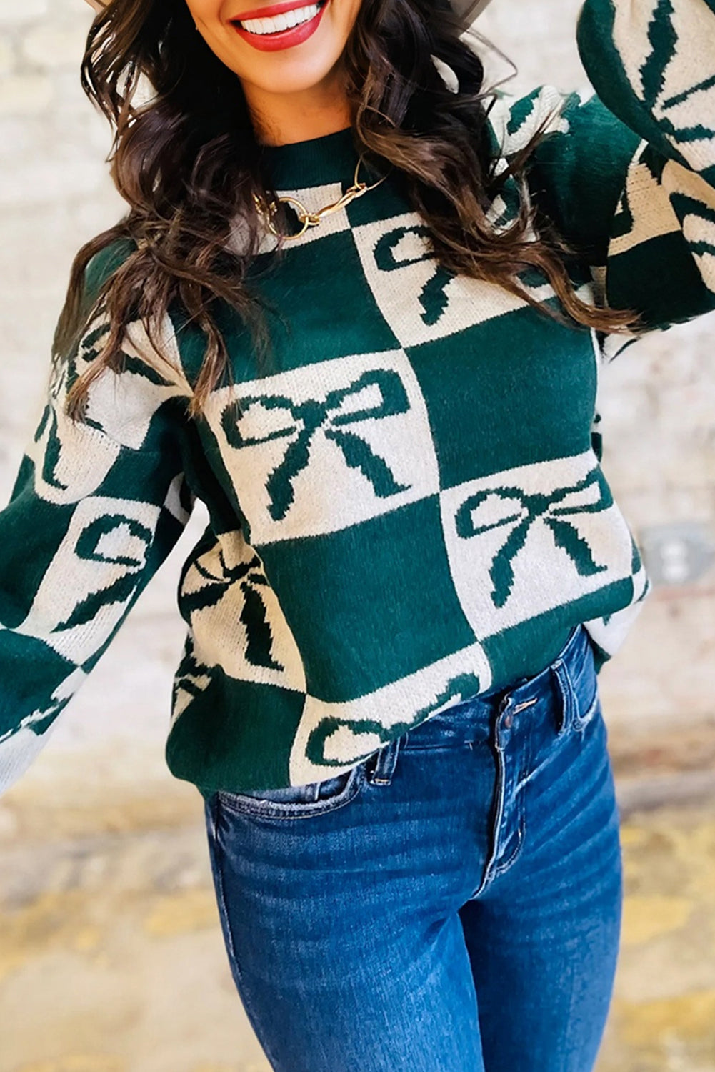 Green Checkered Bow Print Casual Sweater - eAura