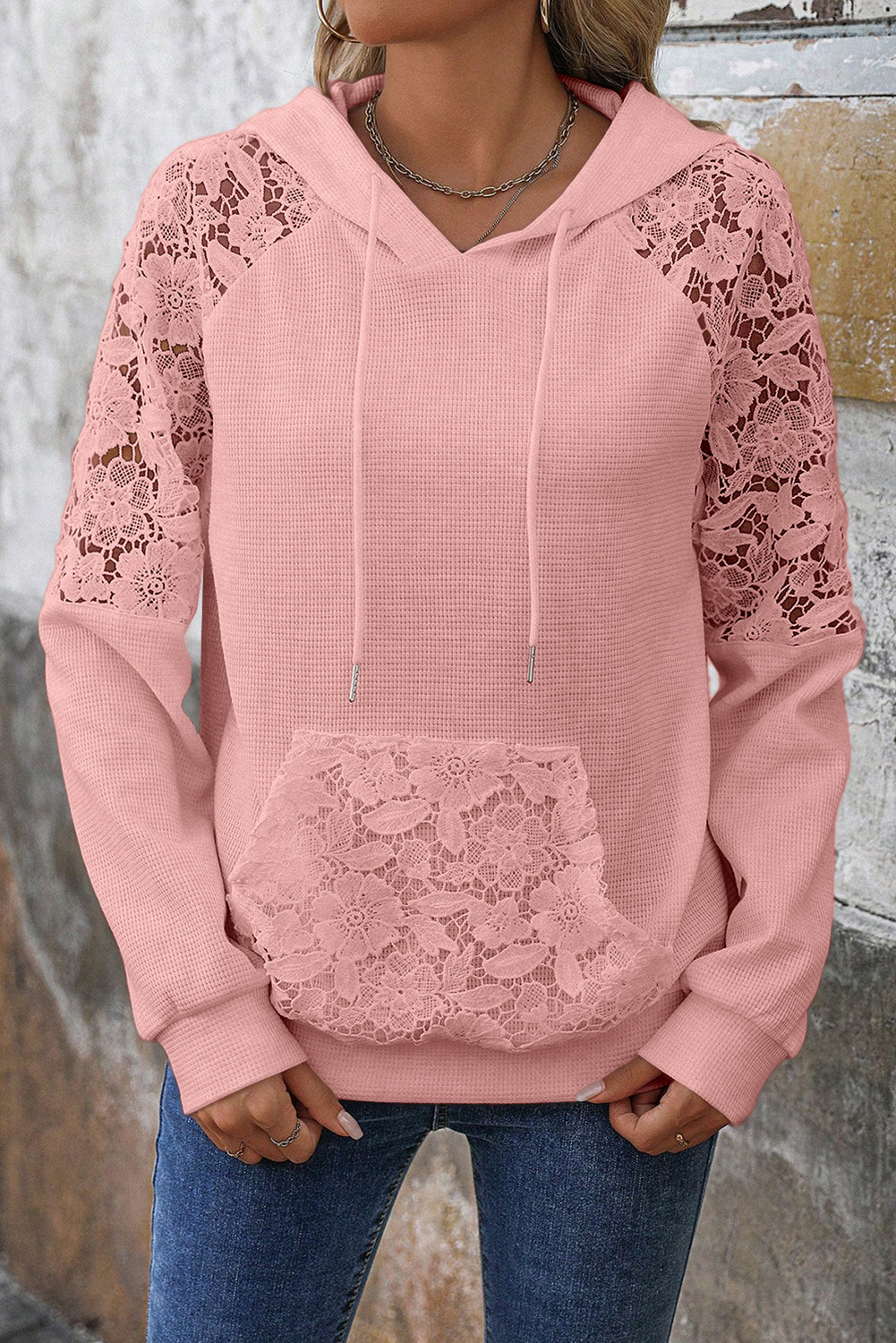 Lace Patchwork Raglan Sleeve Kangaroo Pocket Waffle Hoodie - Tops/Sweatshirts & Hoodies